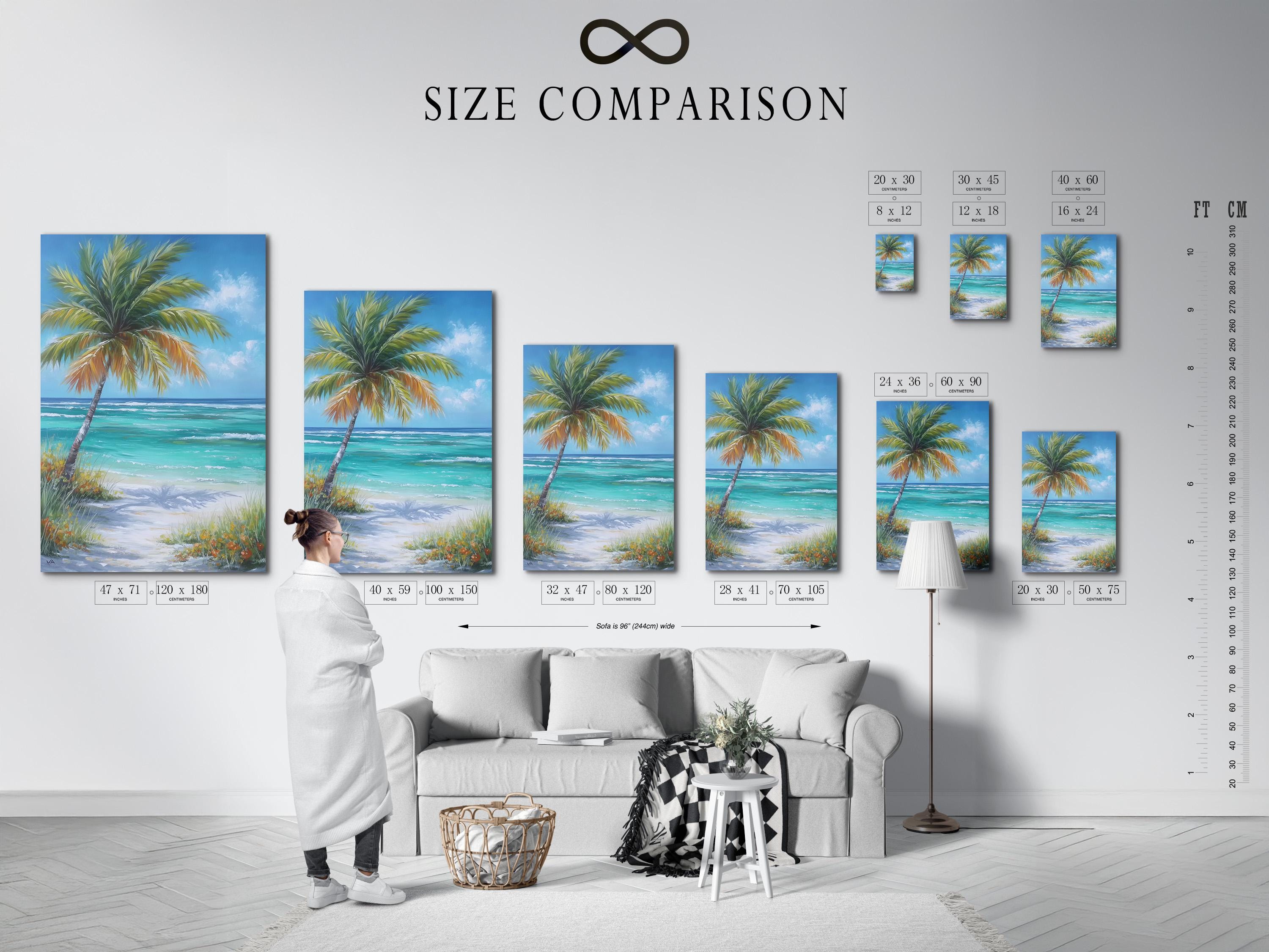 Leaning palm tree over turquoise ocean waves and sandy beach under a bright blue sky detail view
