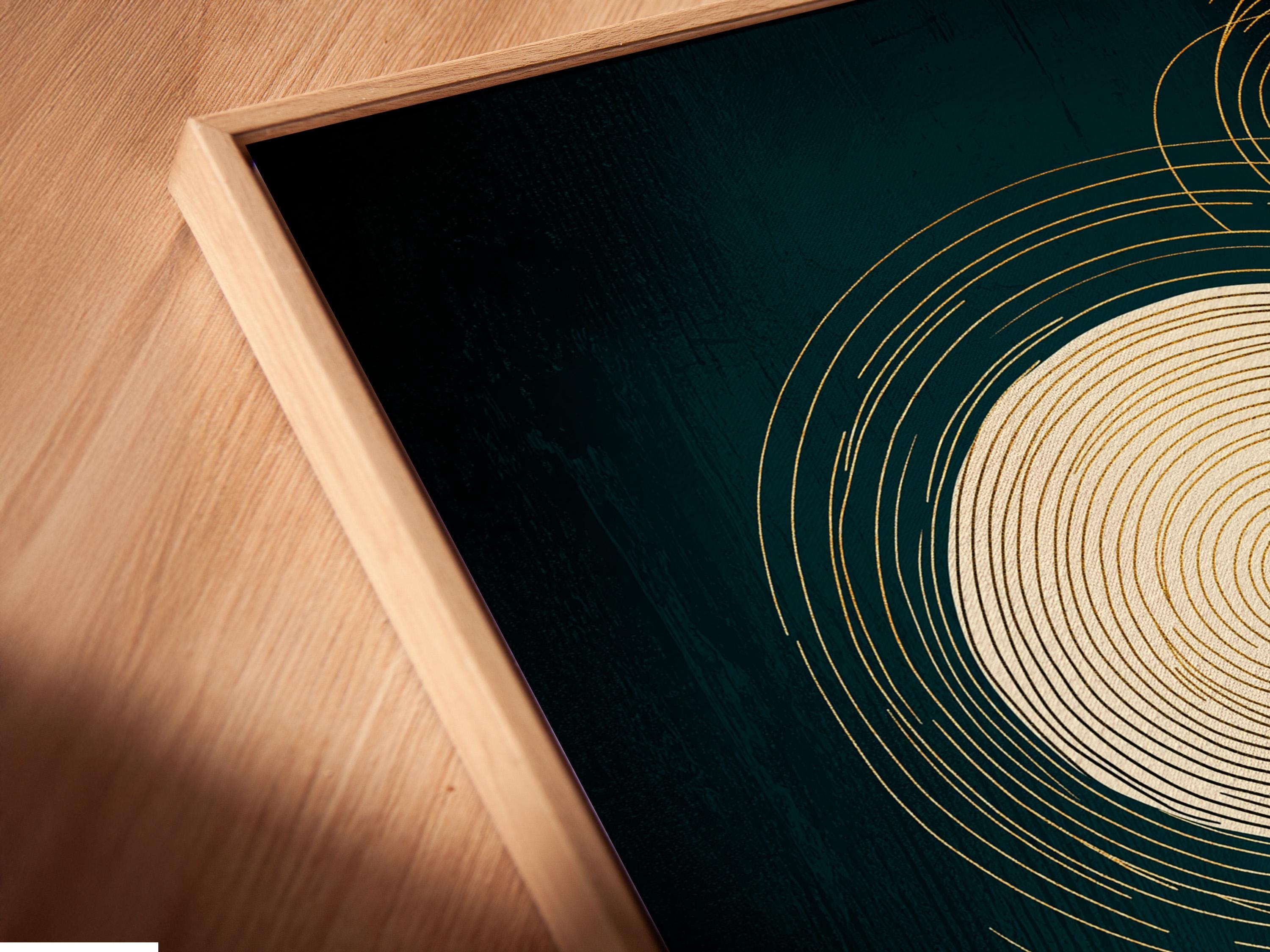 A teal abstract background features intersecting golden line circles, a red circle accent, and a gold disc with draping vertical lines detail view