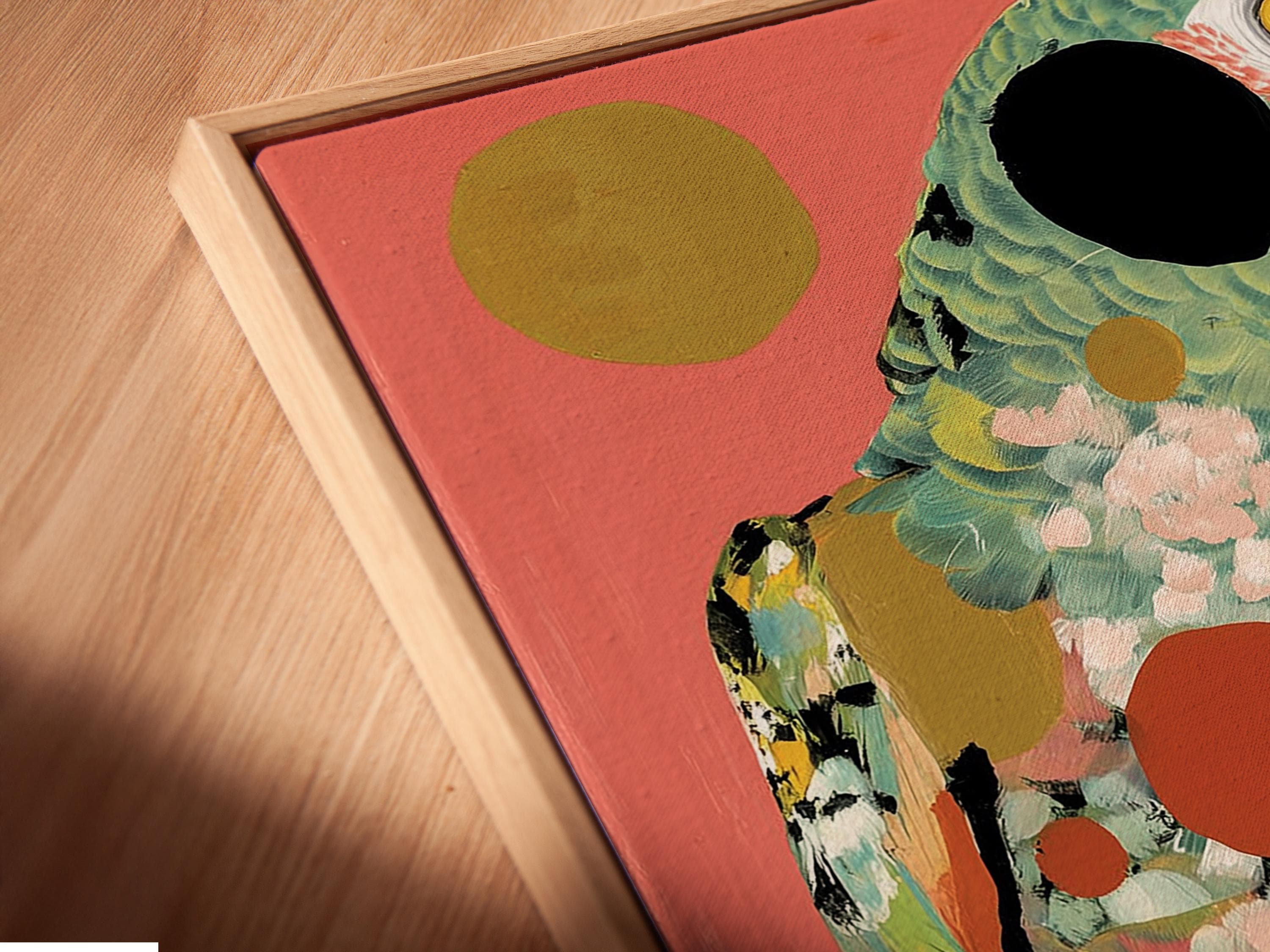 Stylised parrot portrait in hot pink with teal feathers and retro record shapes detail view