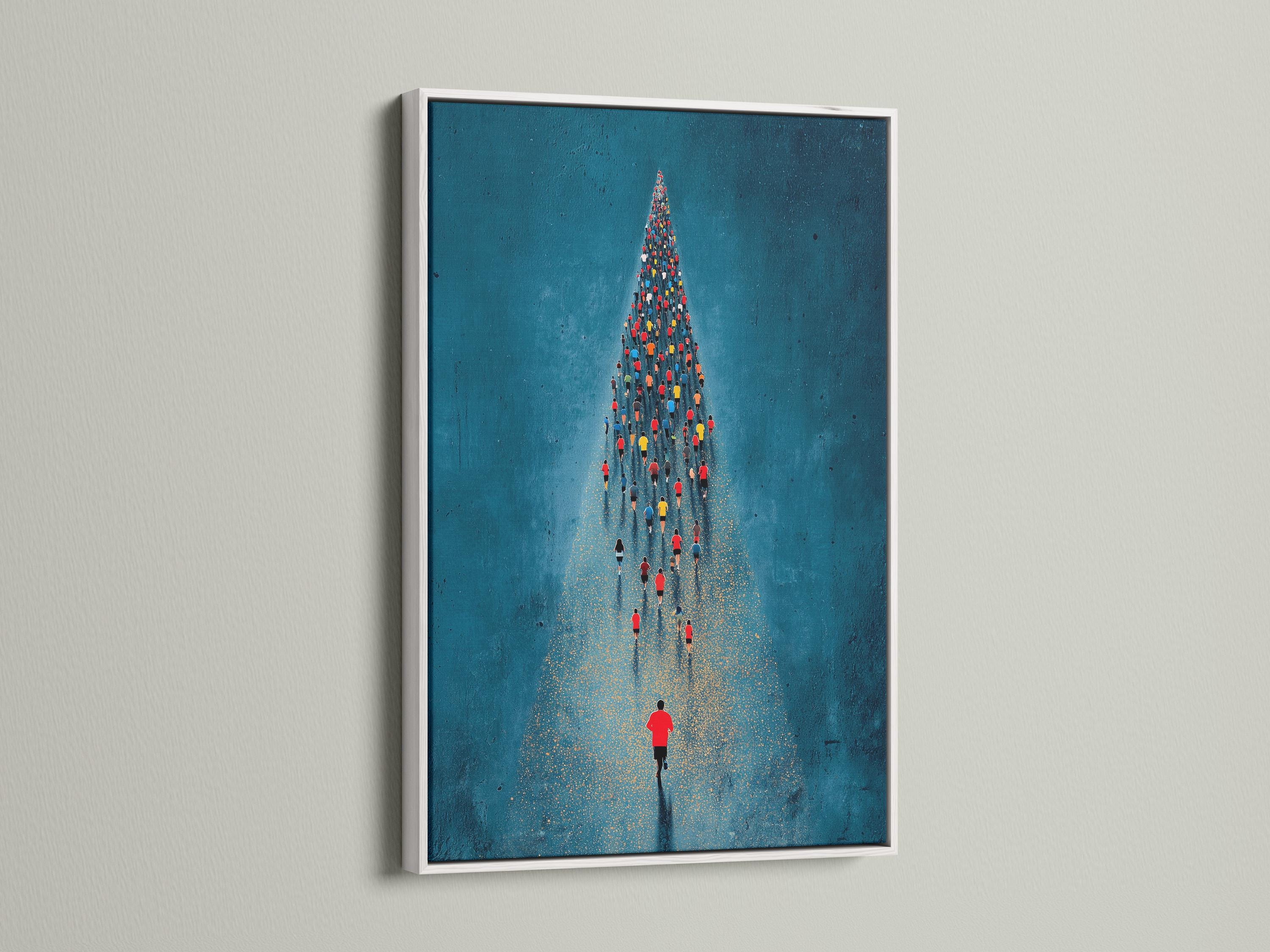 Teal-blue running crowd scene with a lone red-shirt runner and gold speckled path detail view