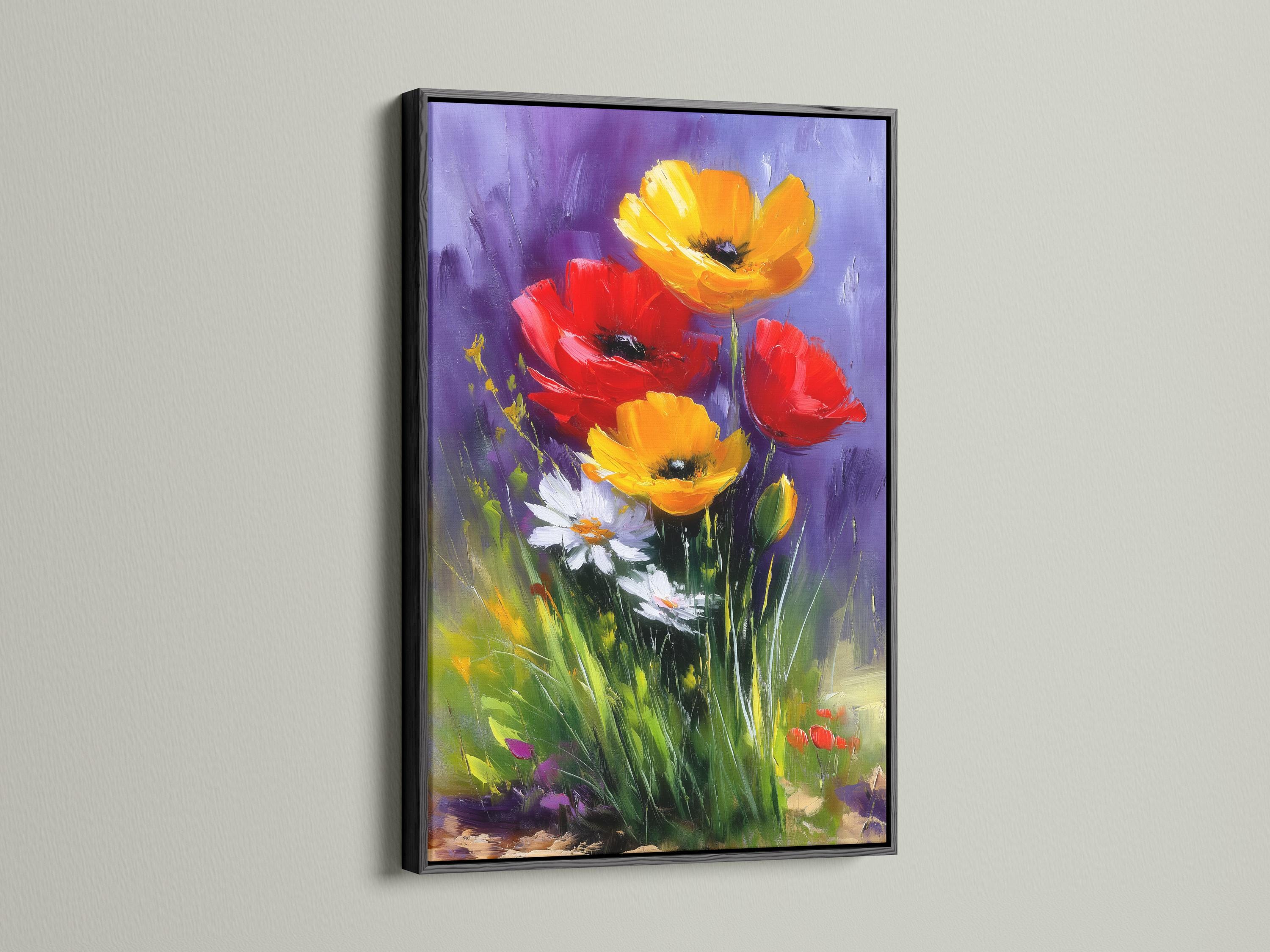 A painterly floral scene shows bold red and yellow poppy-like flowers rising from green stems against a purple background detail view