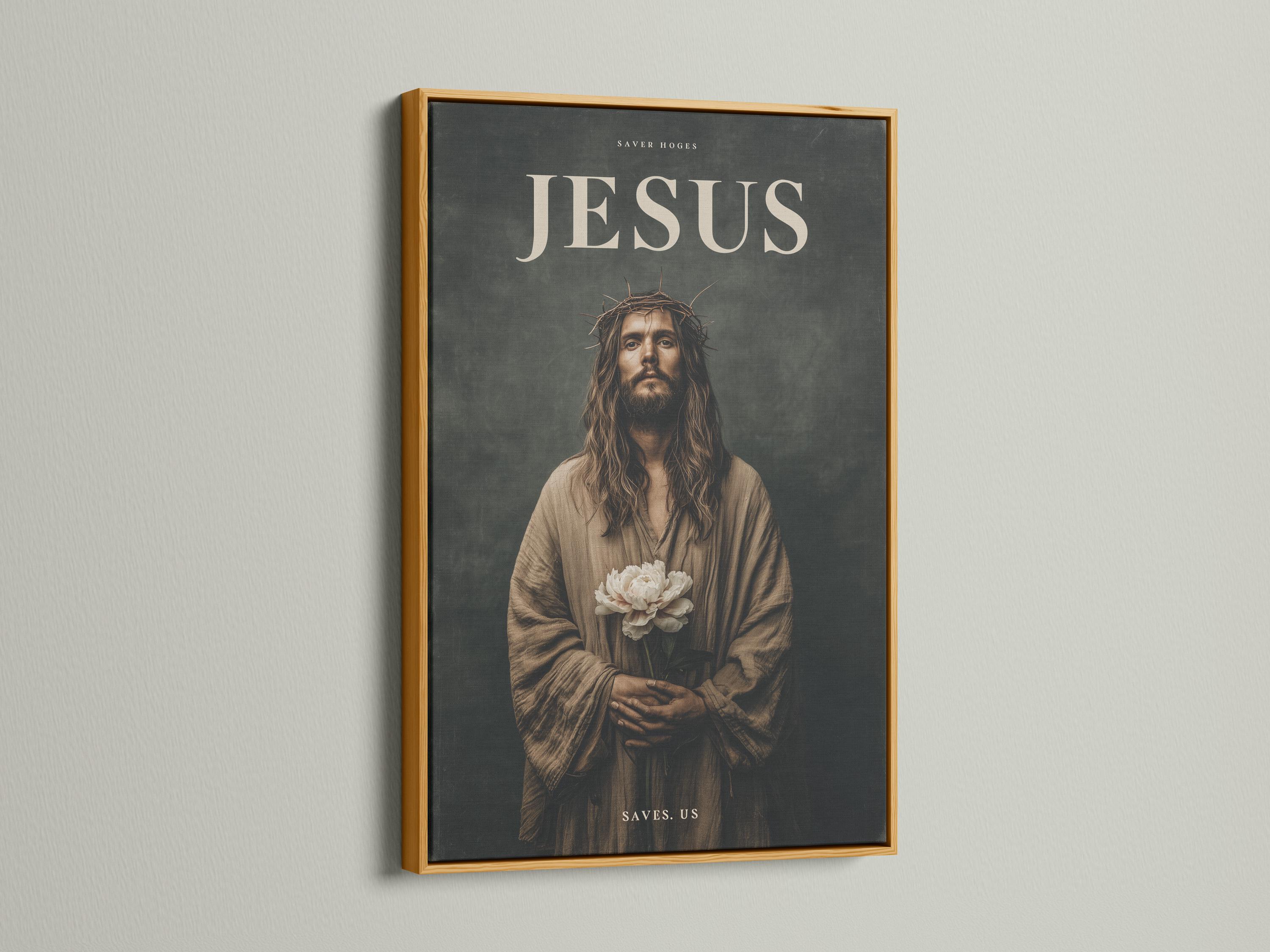 Jesus portrait with crown of thorns holding white flowers and gold text detail view