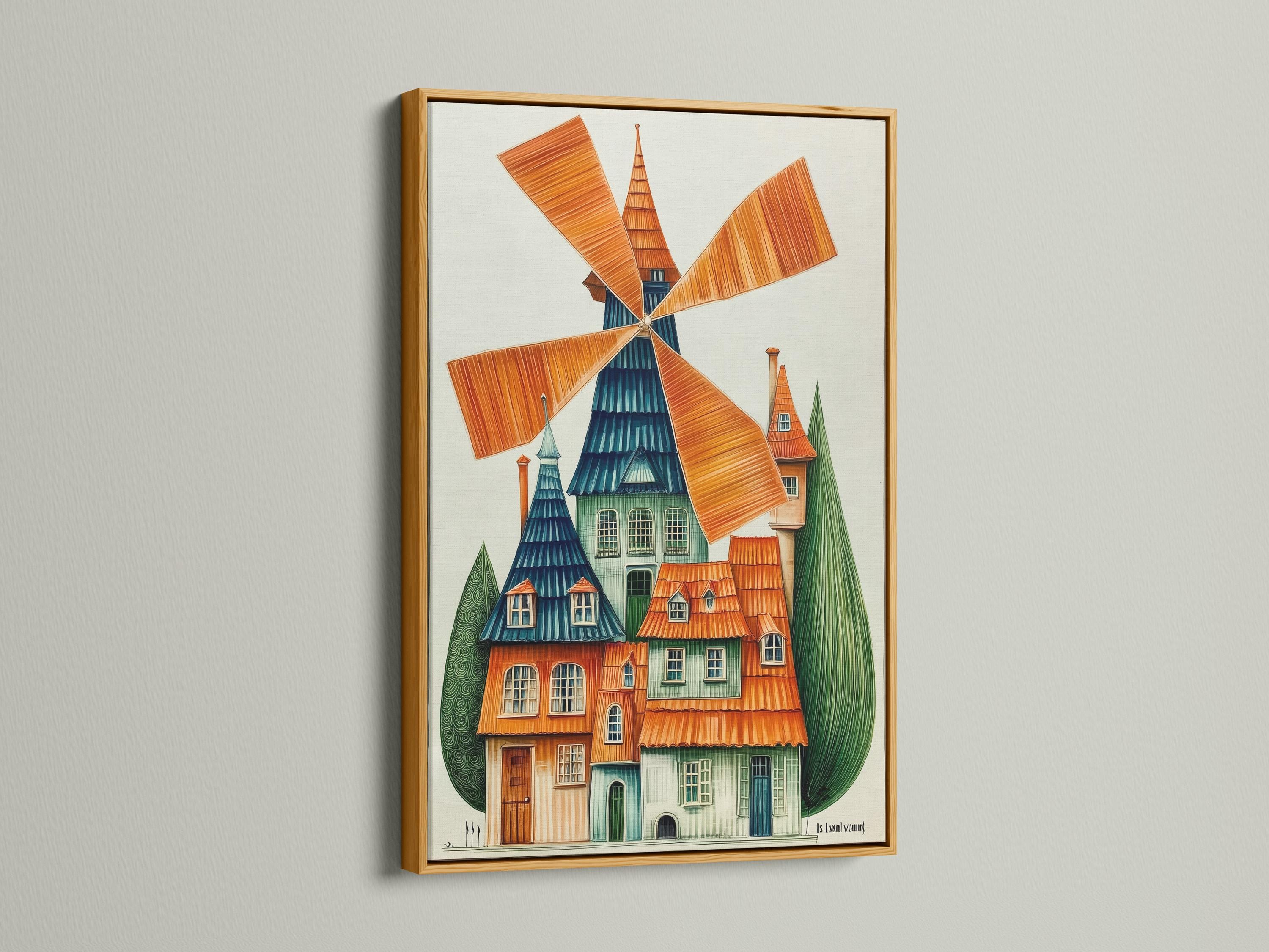 Illustrated windmill scene with orange blades and a blue-green house detail view