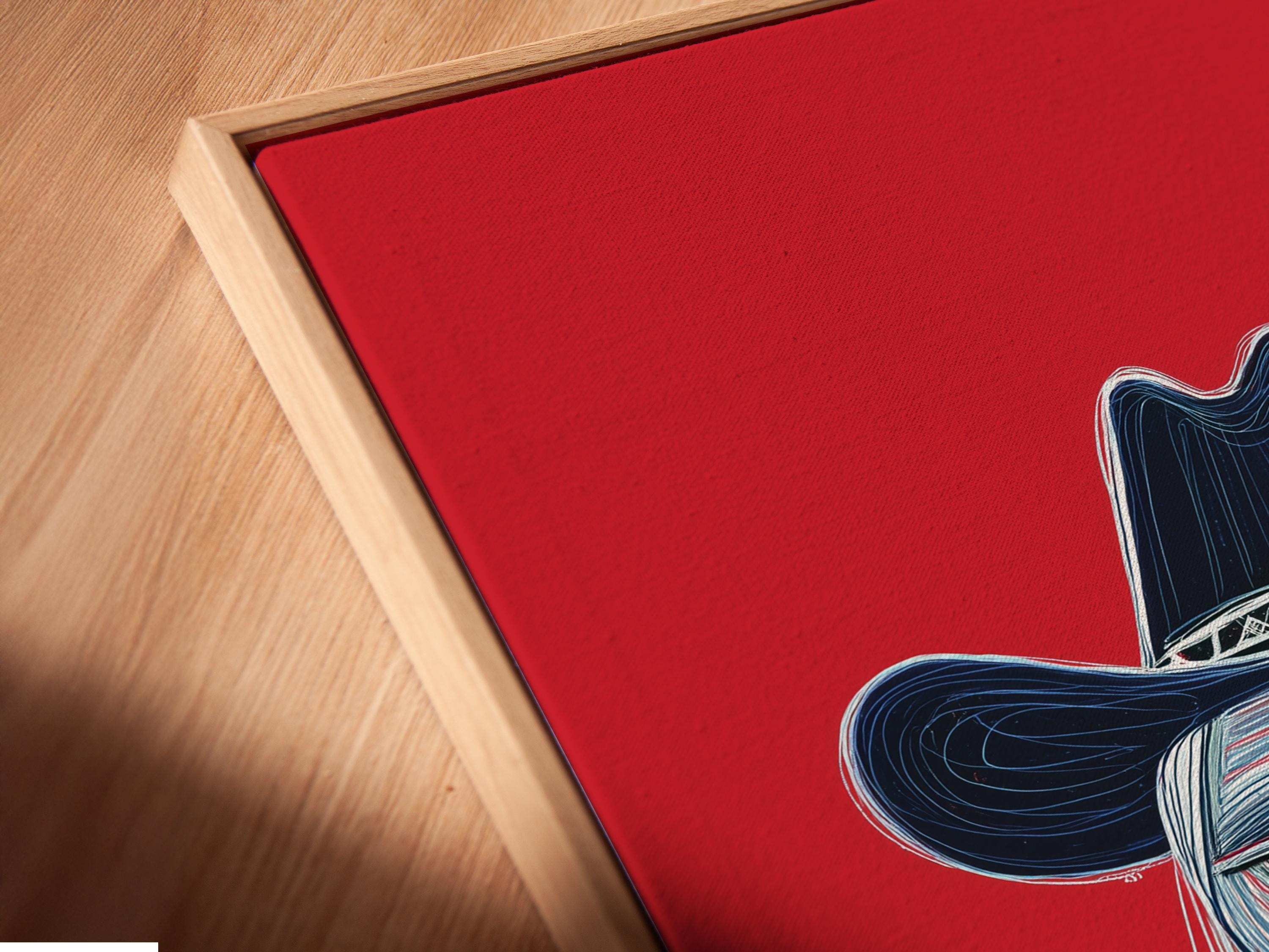 Stylised cowboy portrait with a wide-brim hat on a red background detail view