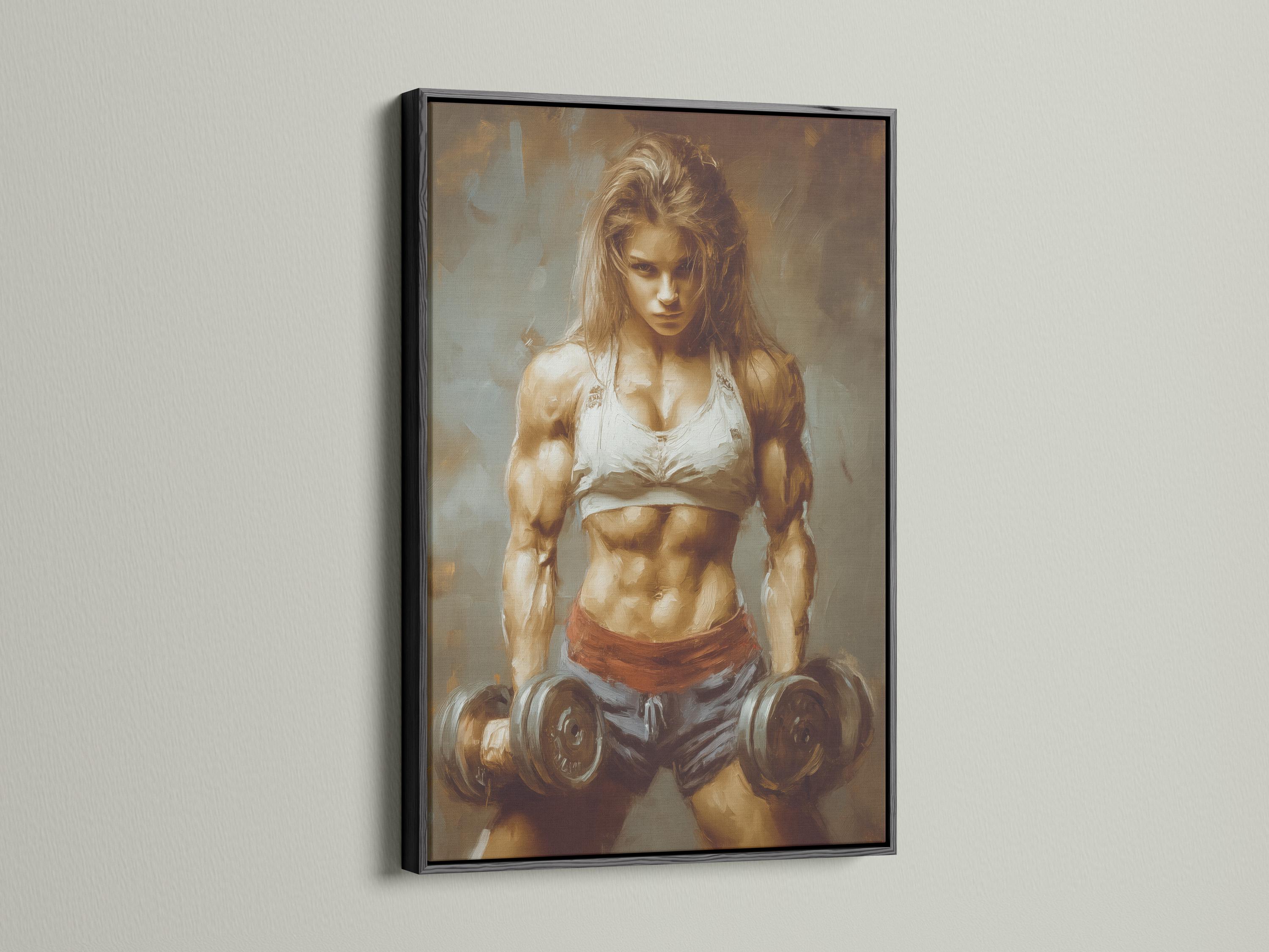 Gym or wellness room mockup showing a wall artwork of a muscular woman lifting dumbbells