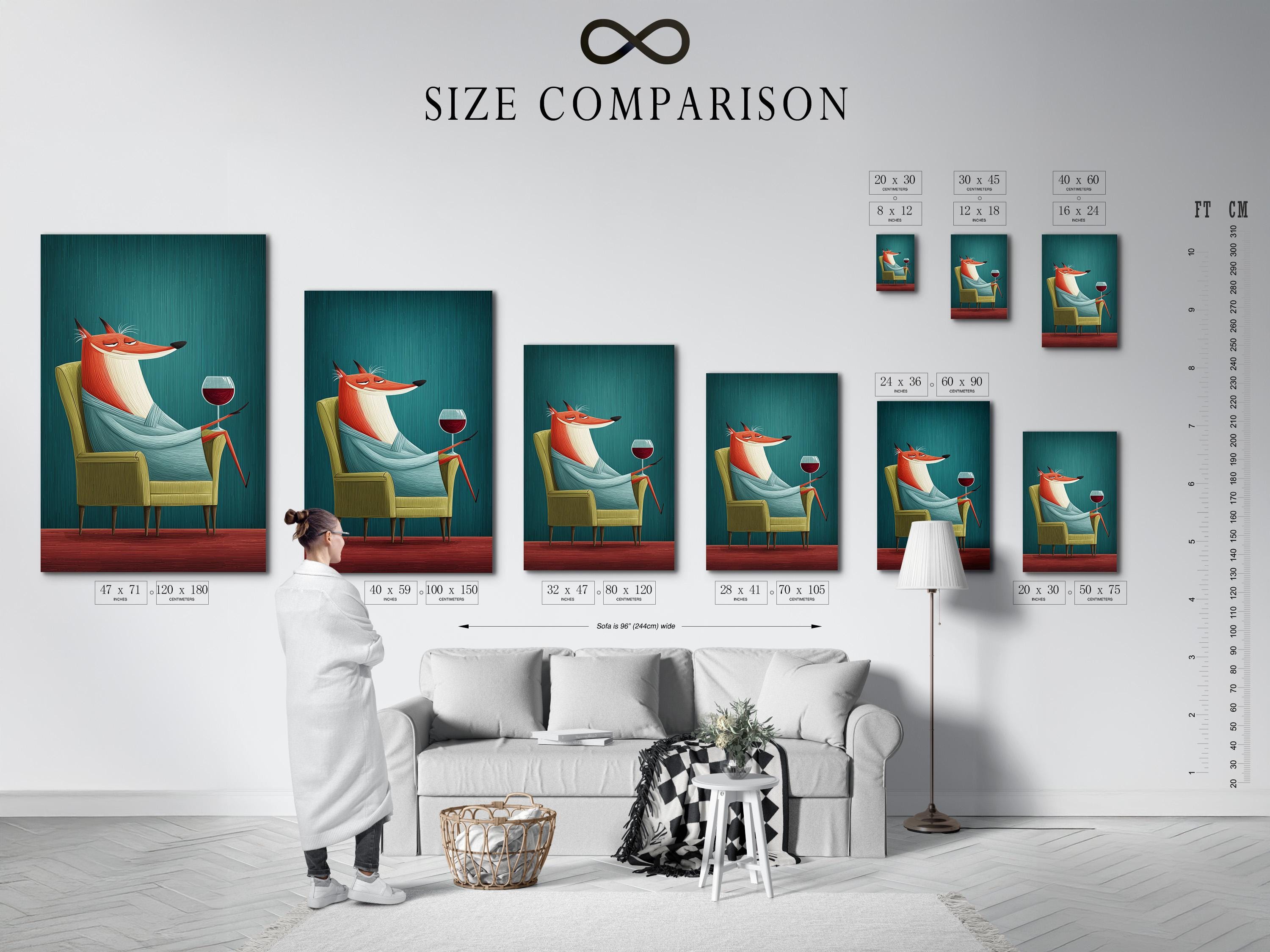 Fox wall art mockup showing a fox with a wine glass on a teal background