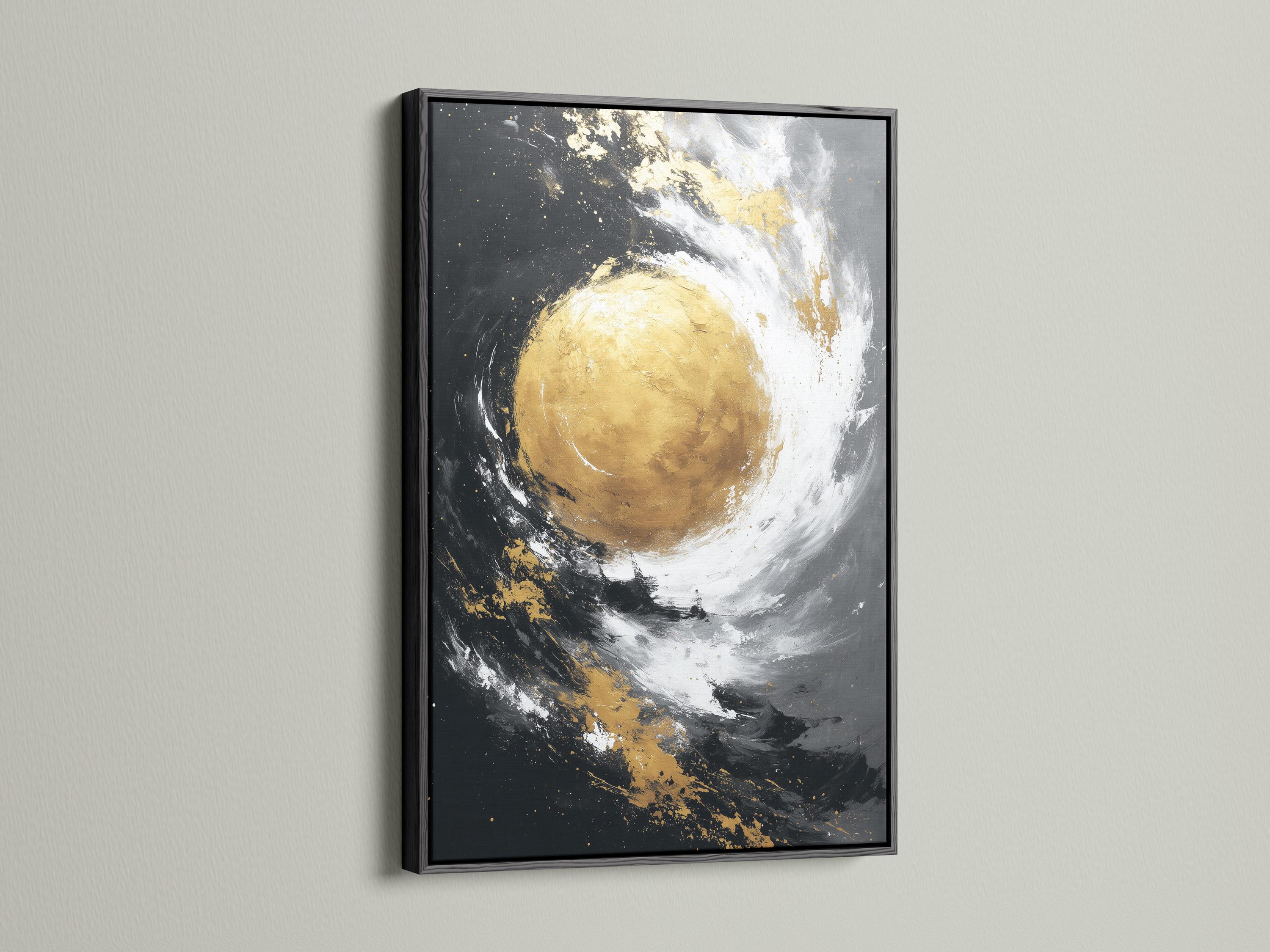 Abstract gold circle with white swirling arcs on a dark charcoal background detail view