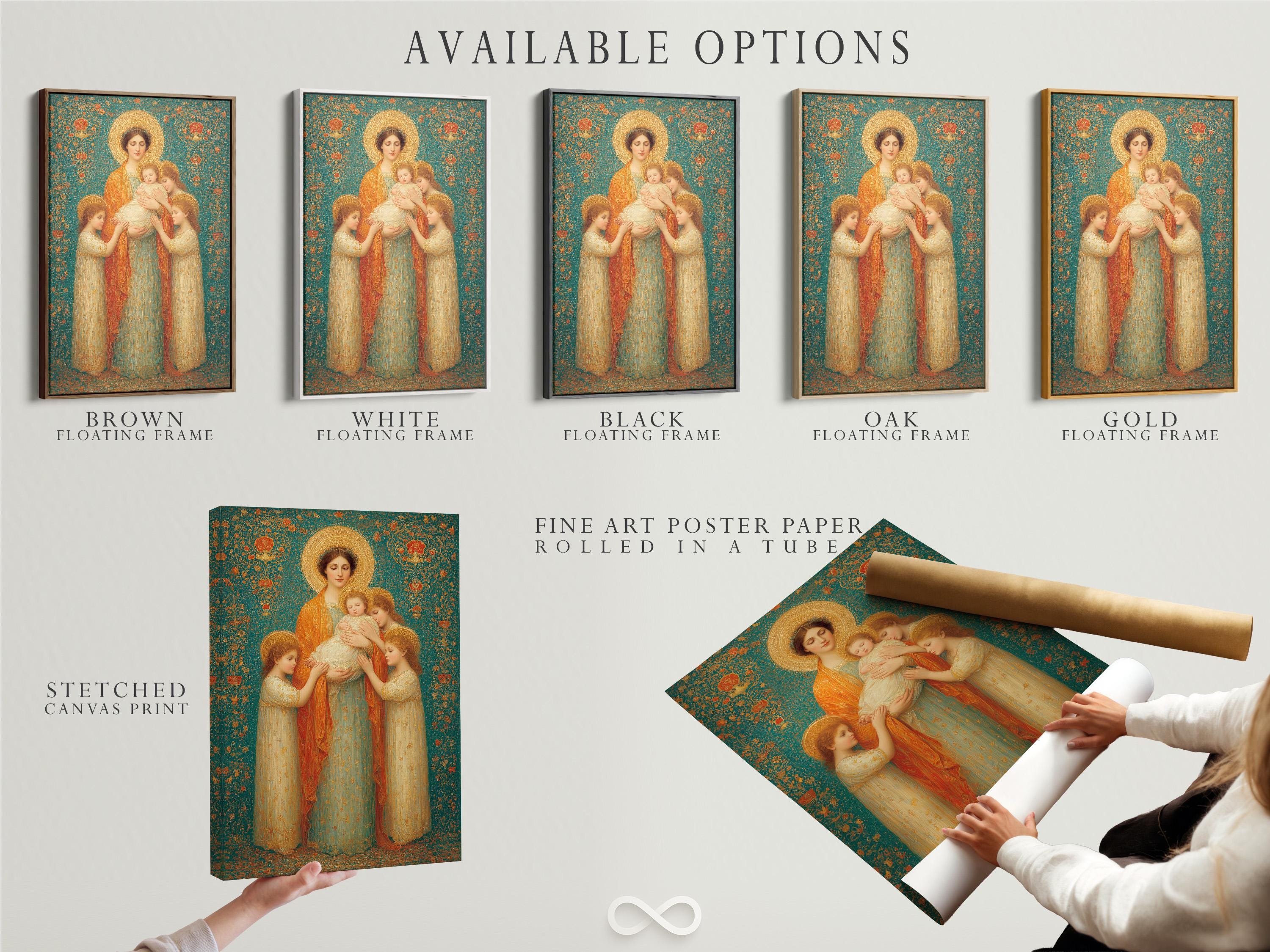 Portrait artwork mockup of a framed Madonna and child scene with teal floral background