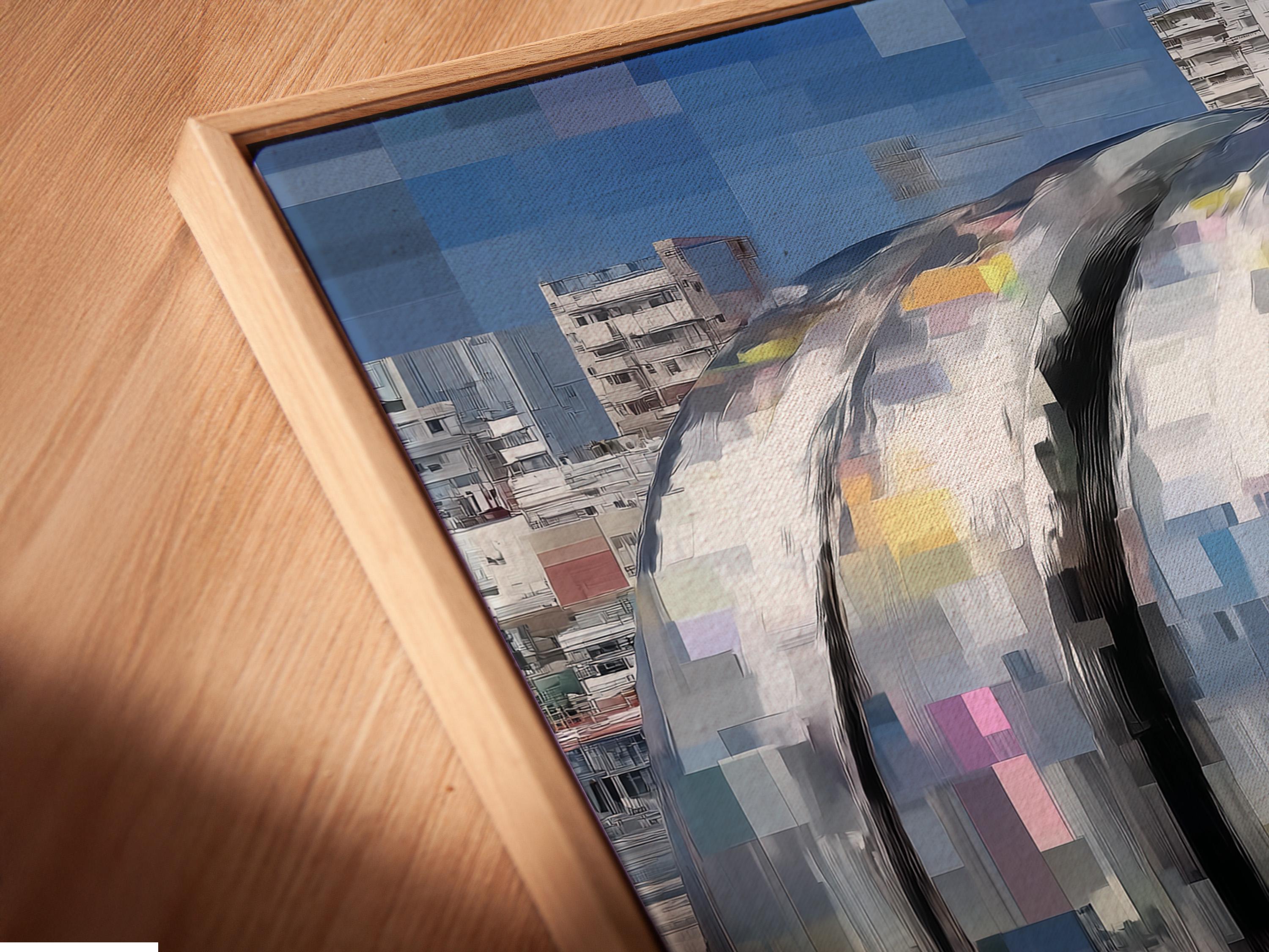 Stylised barbell end with curved motion arcs over a blocky city skyline in blue tones detail view