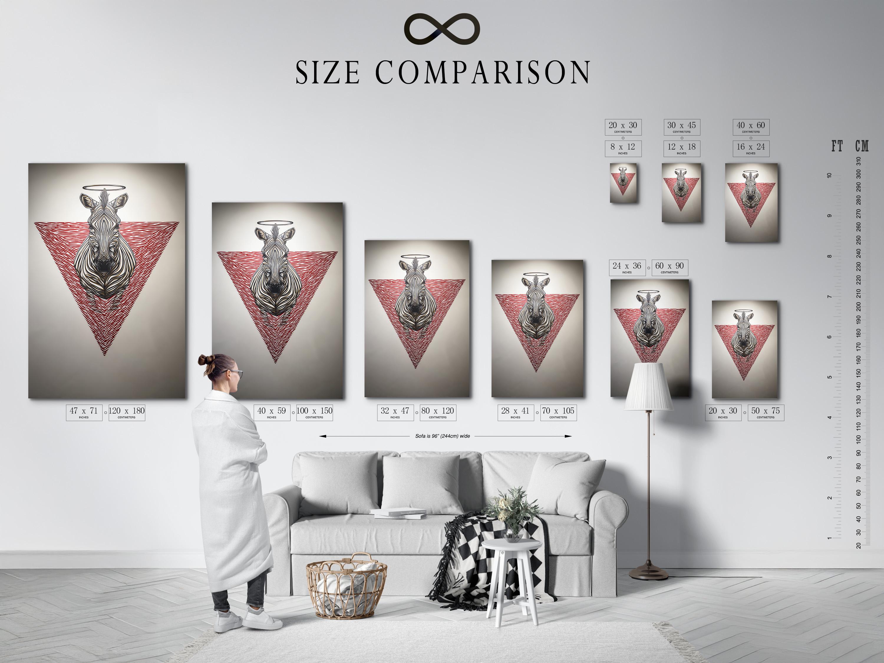 Wall mockup showing a framed zebra artwork with a red striped triangle and halo ring
