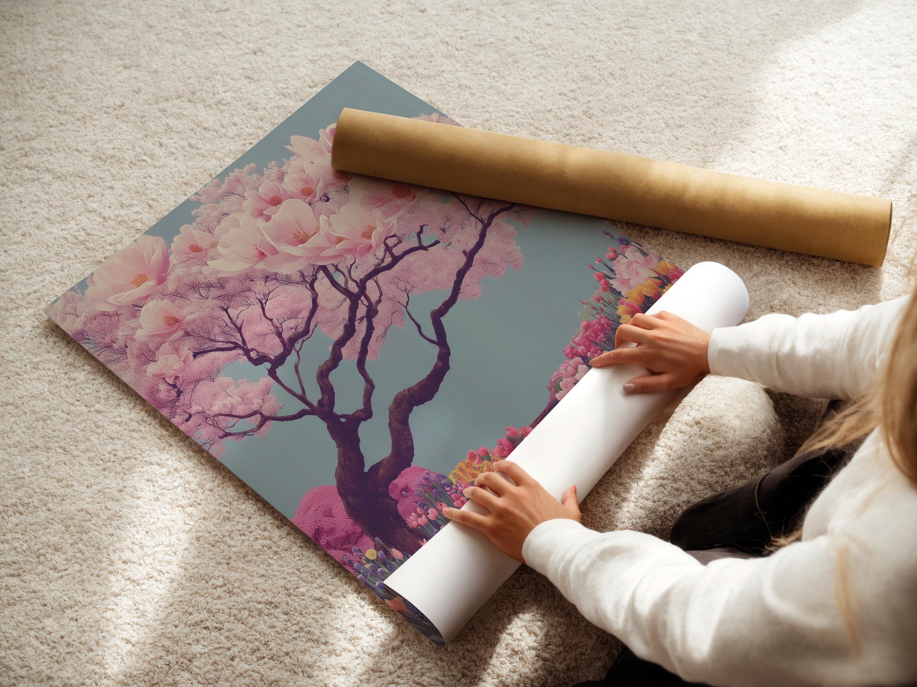Cherry blossom tree illustration with pale pink blossoms and a winding flower-lined path detail view