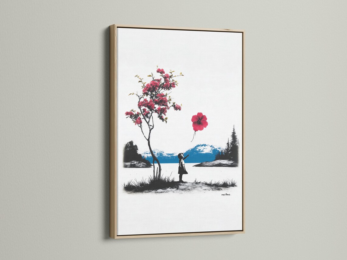 Room mockup showing a framed artwork of a silhouetted girl holding a red balloon in a black-and-white landscape