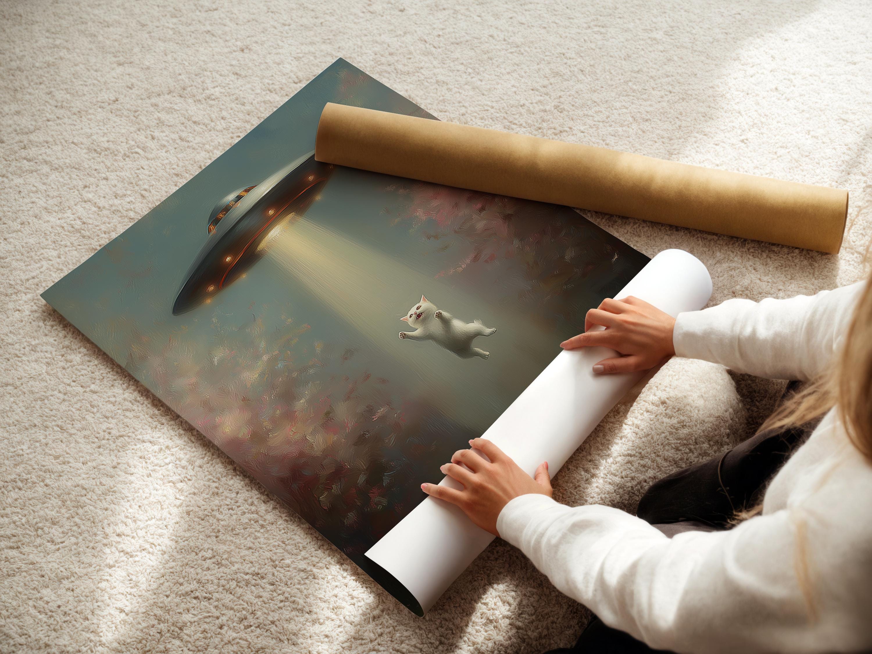 Surreal night scene of a floating white cat under a glowing UFO beam, with misty clouds and bird silhouettes detail view