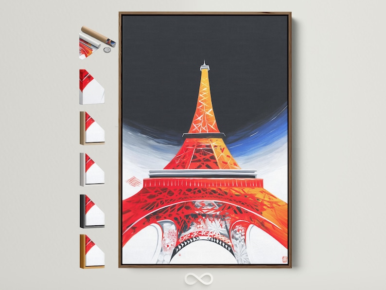 Stylised Eiffel Tower illustration in red, orange and gold with sweeping blue-white forms