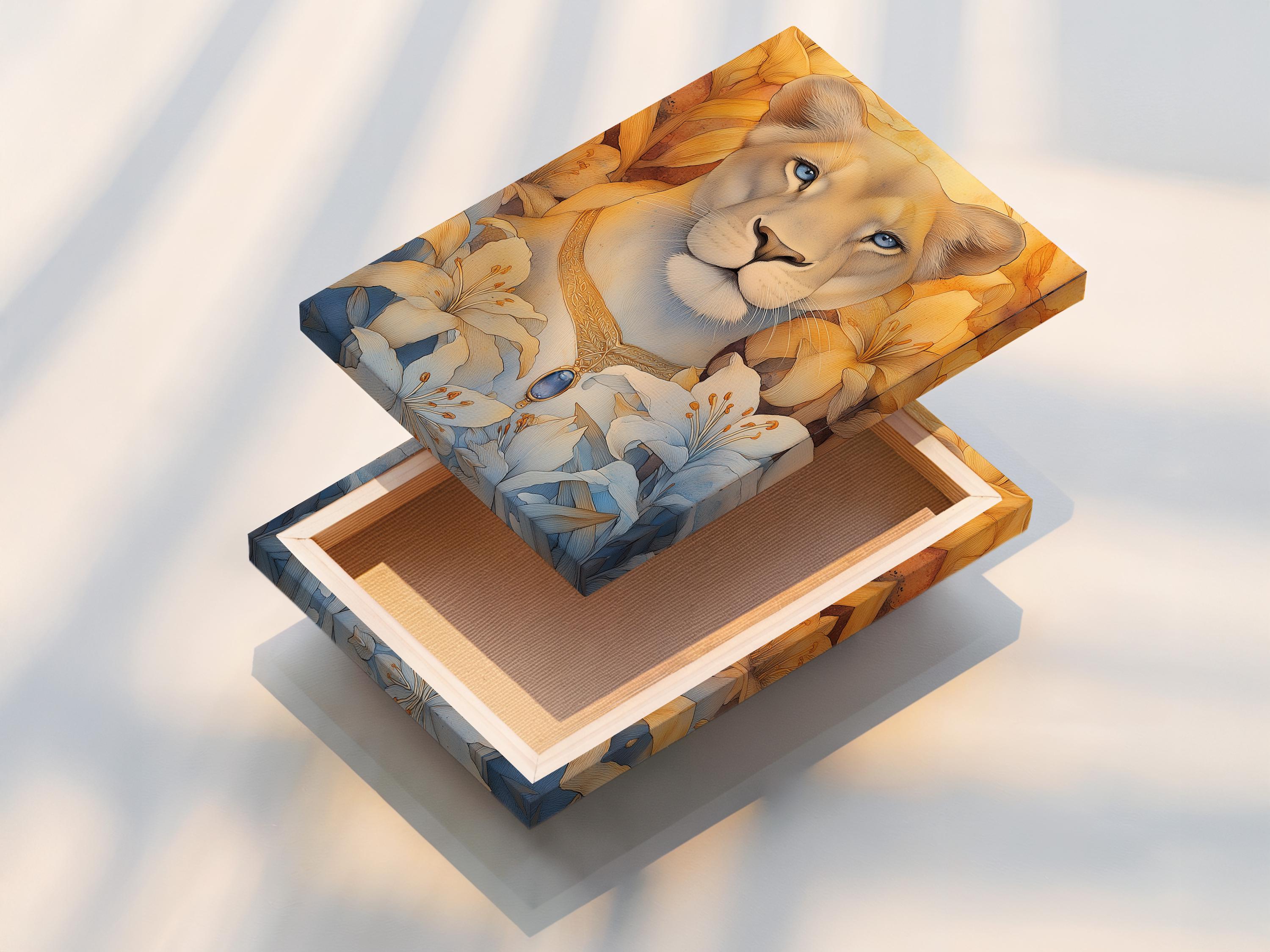 Blue-eyed lioness portrait with pale blue lily flowers and warm gold foliage background detail view