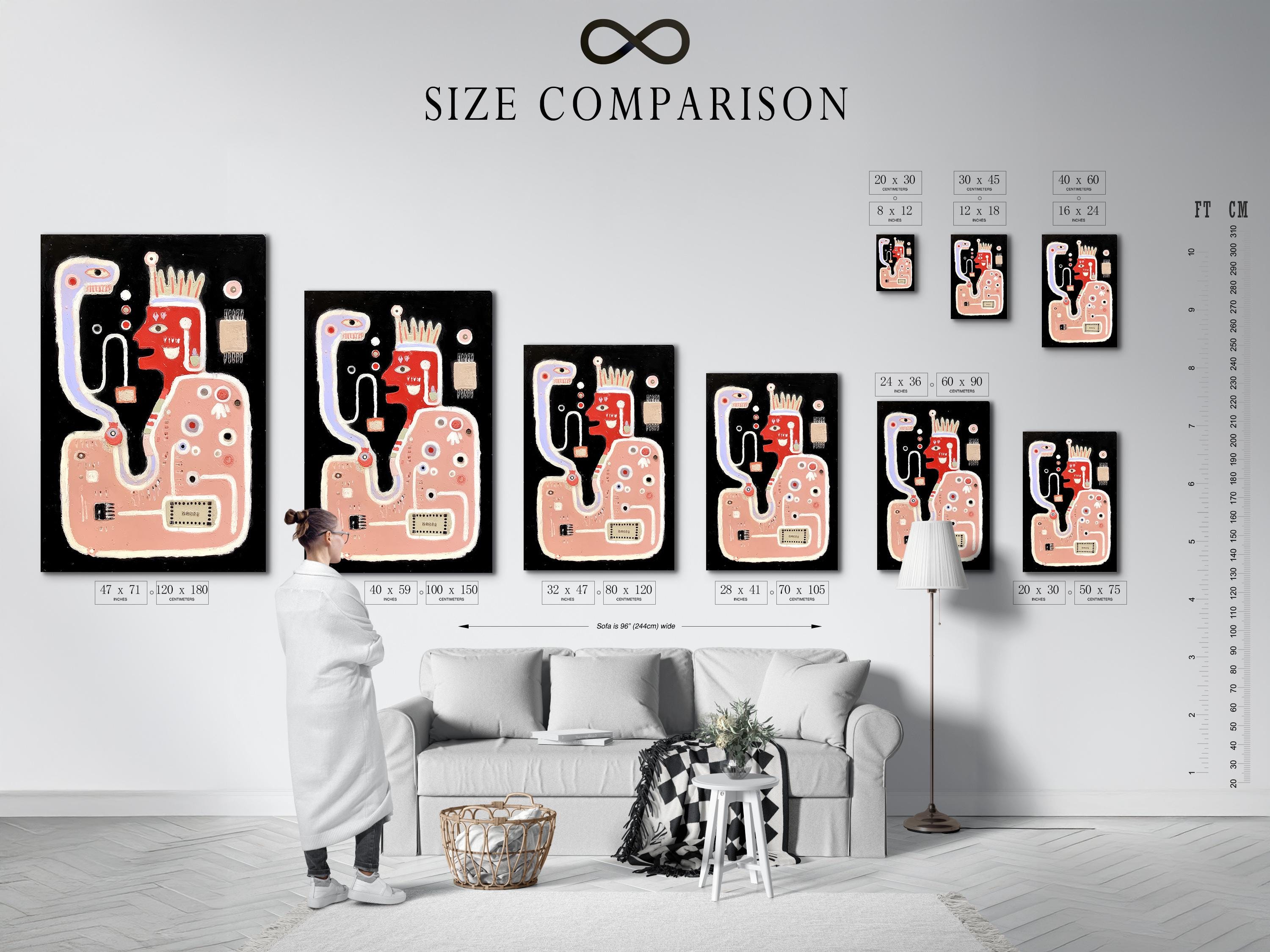 Room mockup showing an abstract odd face artwork with dusty pink, light blue and red details