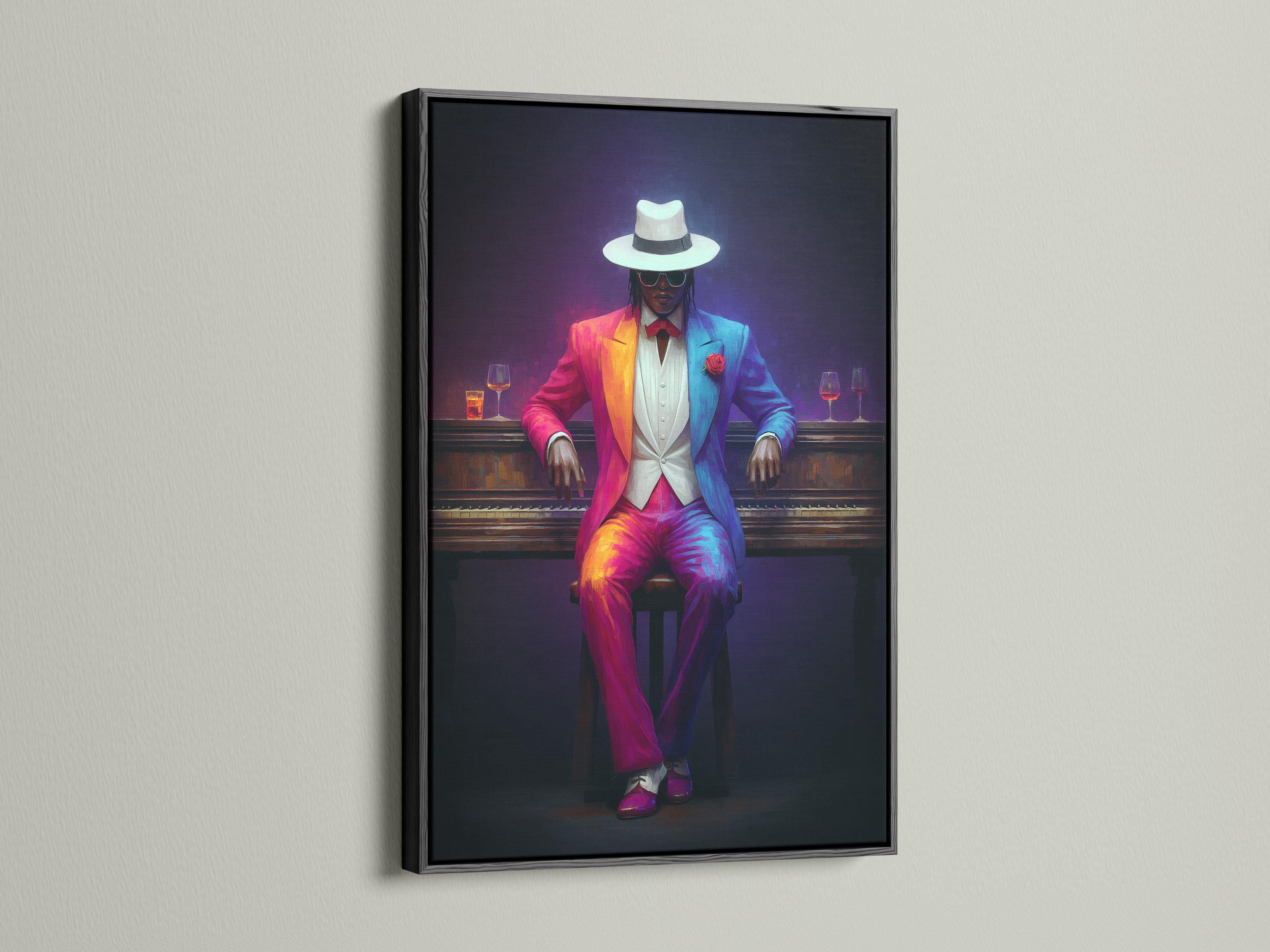Neon-lit seated gentleman portrait in a hat with glowing wine glasses detail view