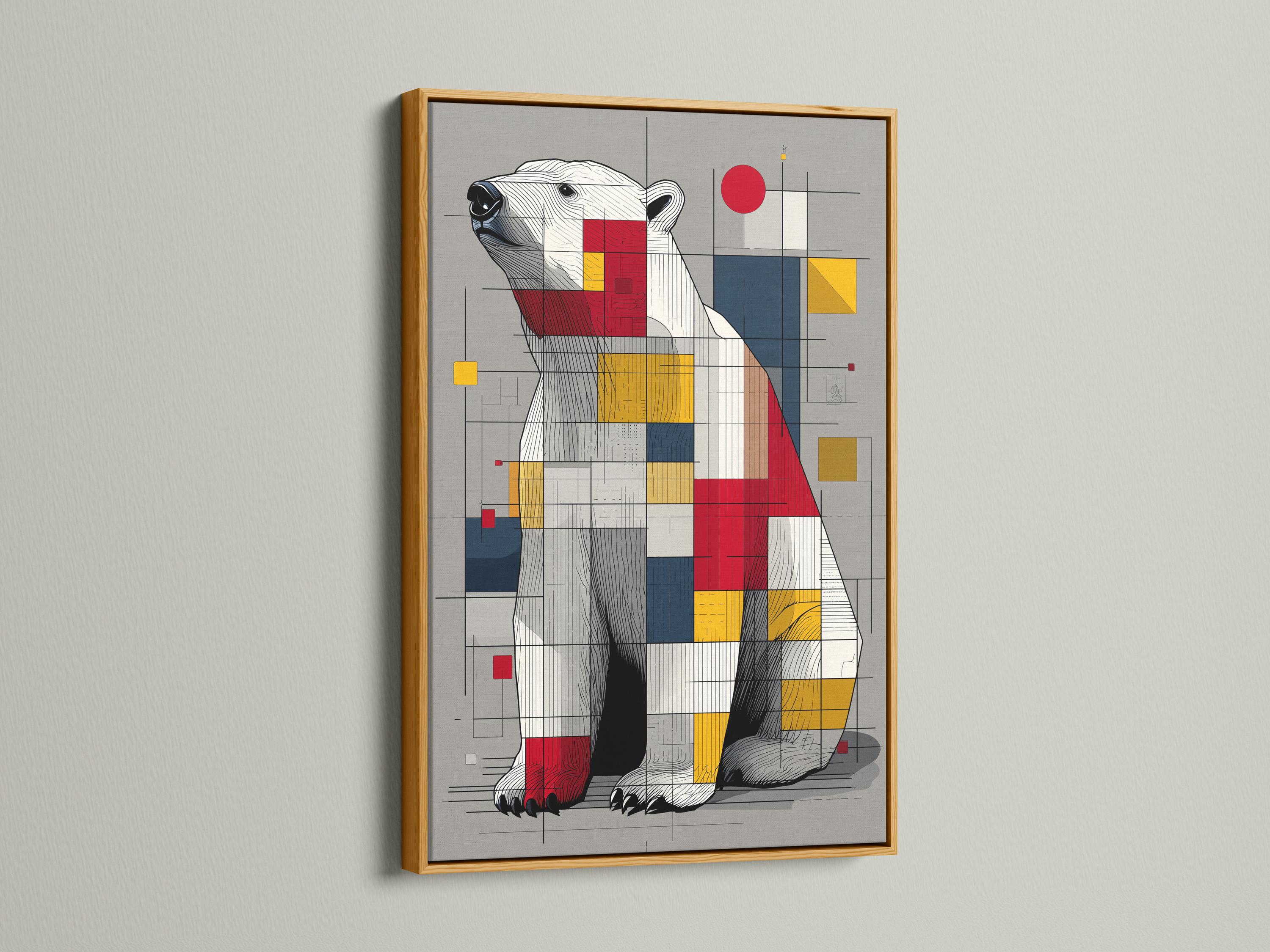Room mockup showing framed geometric polar bear artwork on a wall