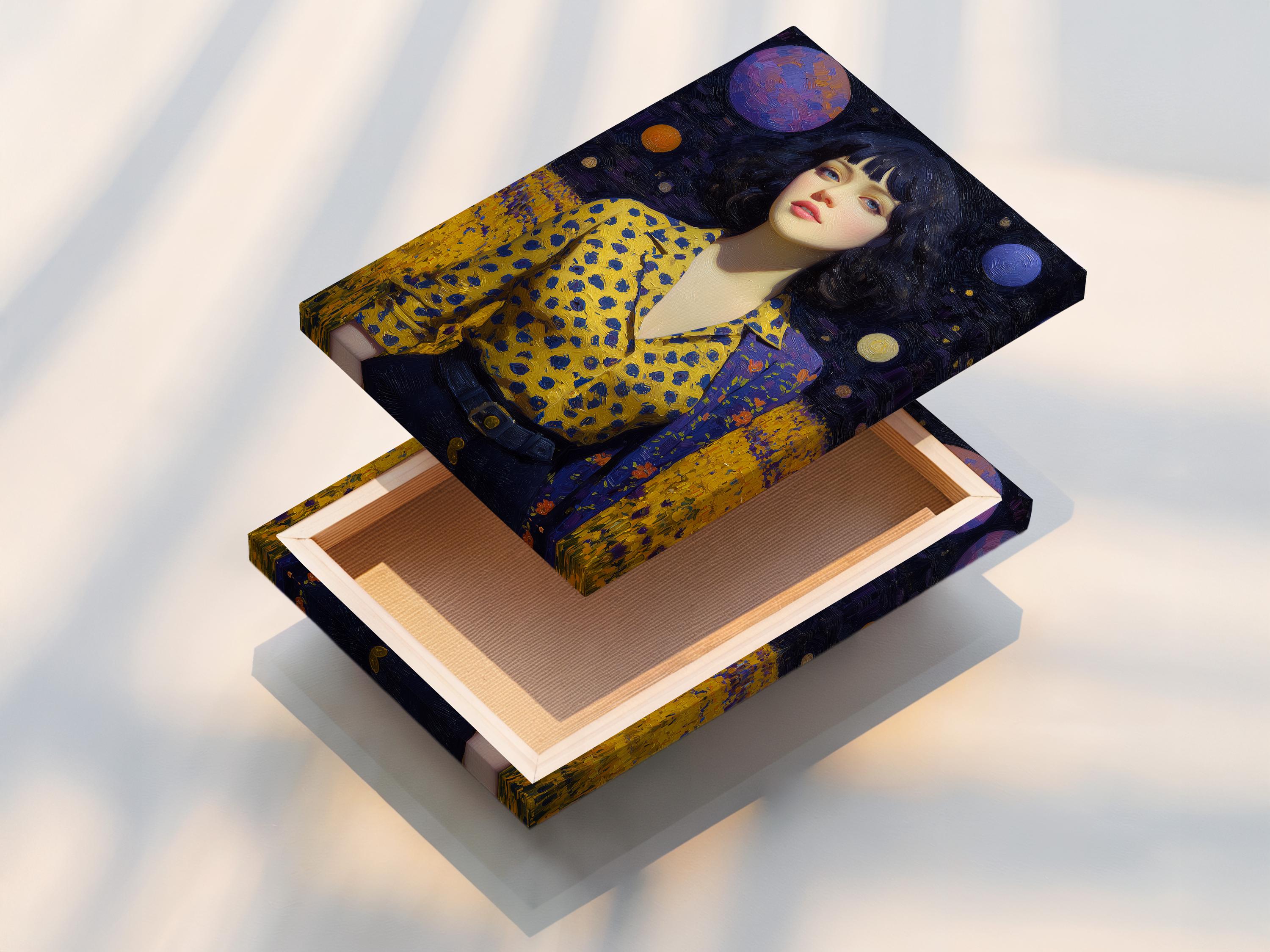 Stylised woman portrait in a dark starry galaxy with planets and a mustard-yellow patterned dress detail view