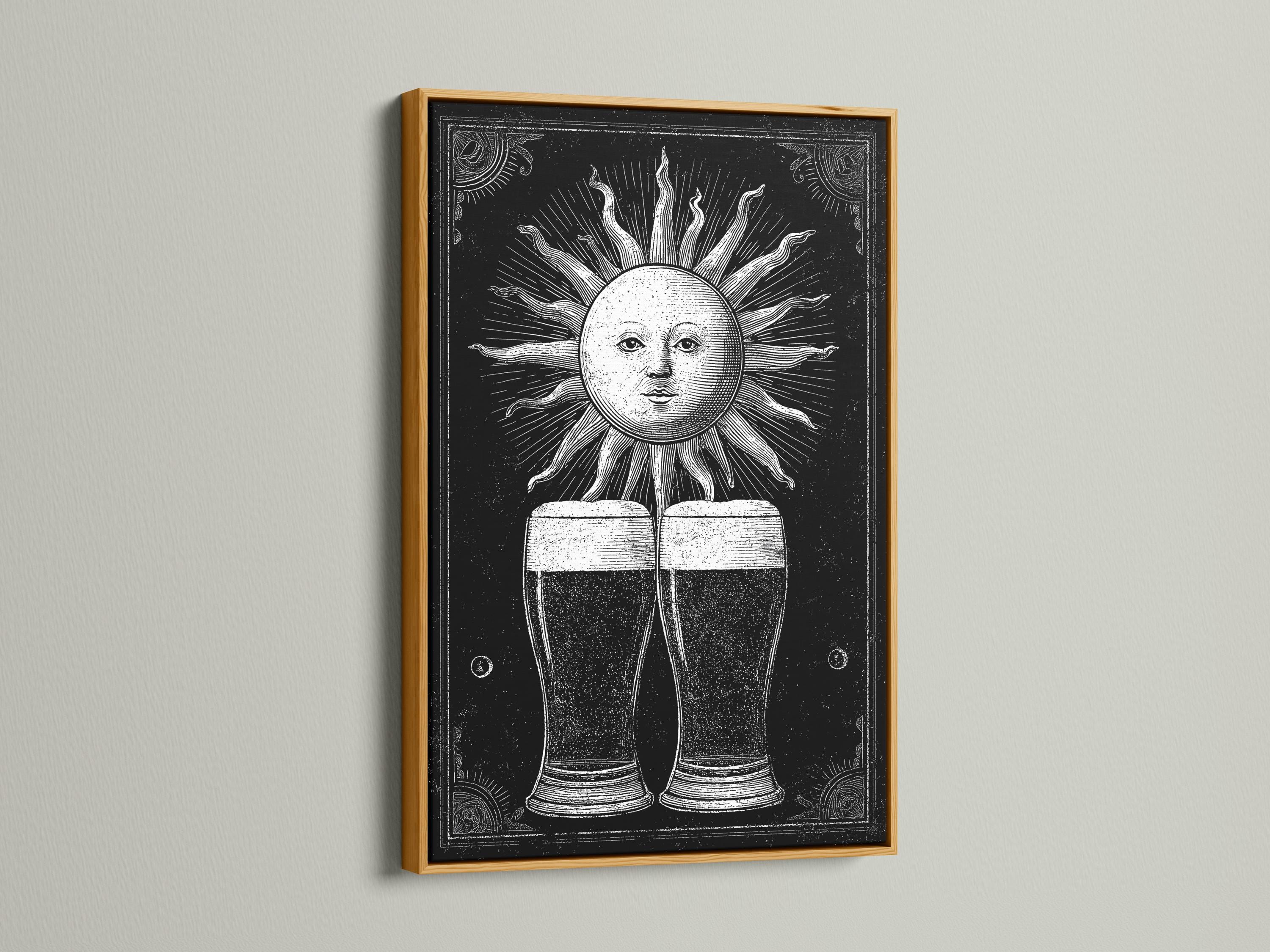 Black and white illustration of a sun face with rays above two beer glasses detail view