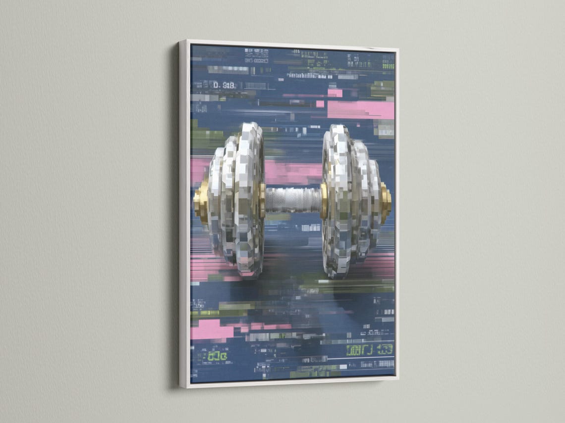 Room mockup showing framed glitch-style dumbbell artwork on a light wall