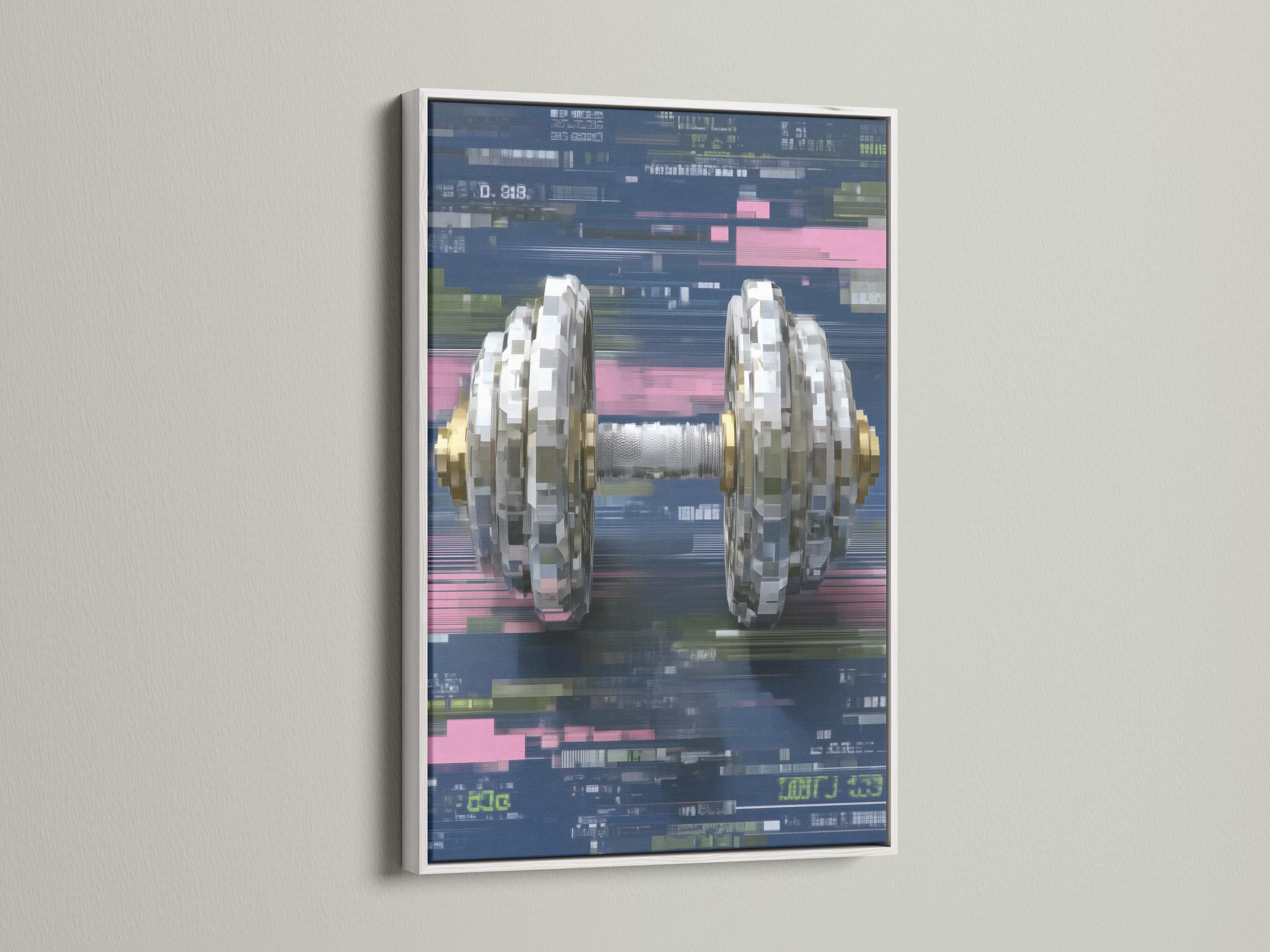 Room mockup showing framed glitch-style dumbbell artwork on a light wall