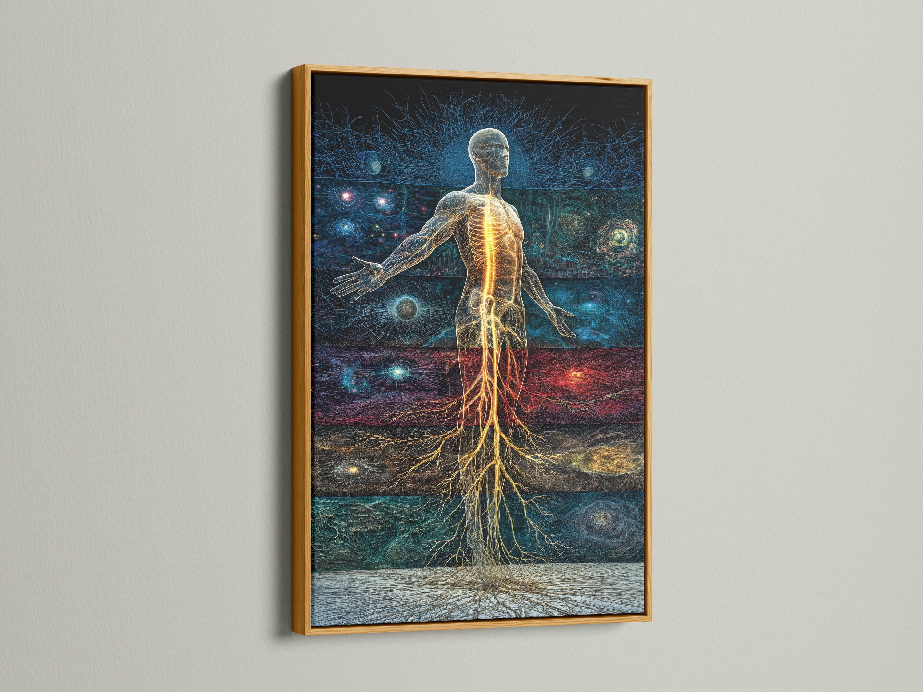 Woman standing beside a framed artwork showing a glowing energy human figure in blue, teal and red