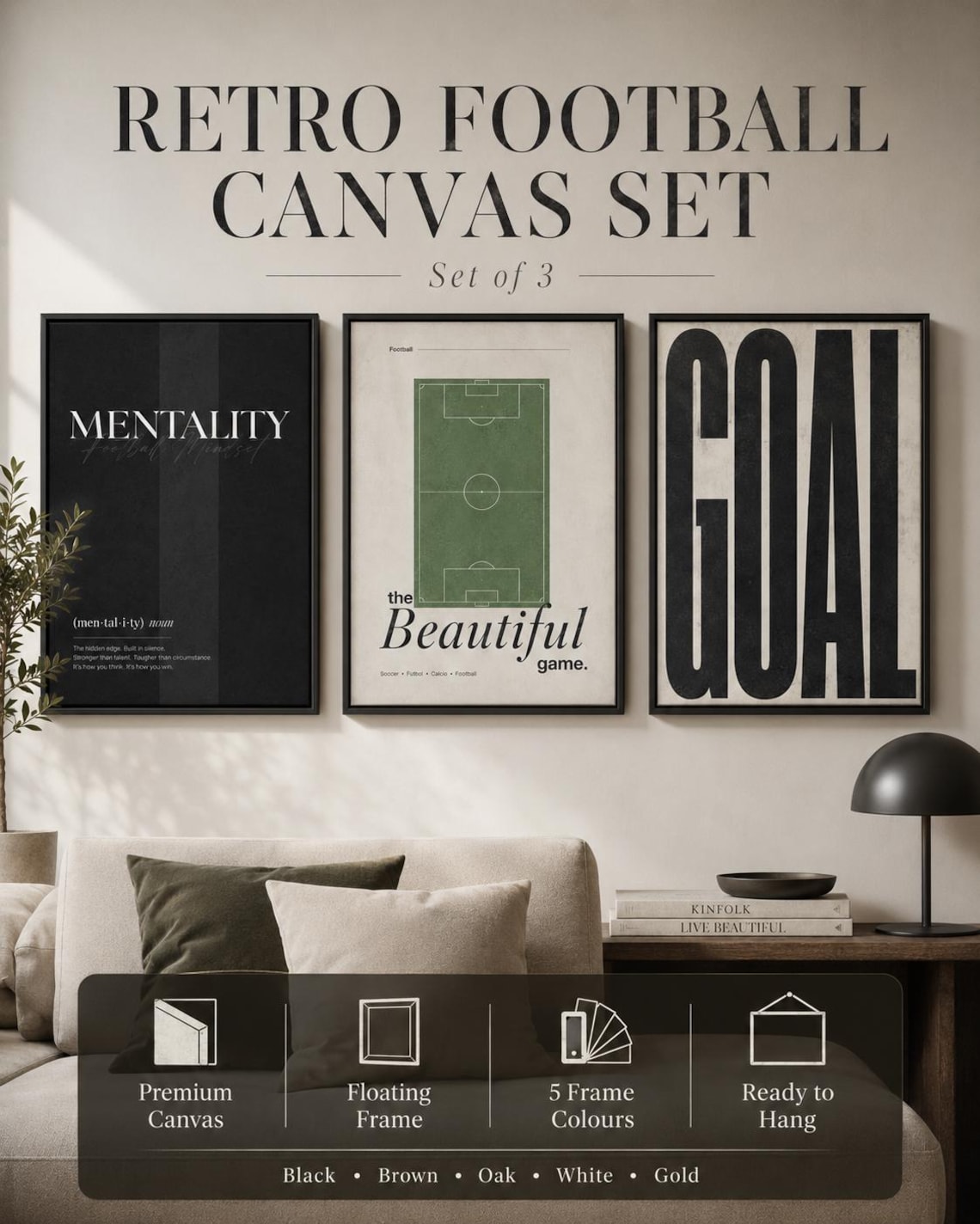 Football typography wall art set of three panels displayed above a desk in a room