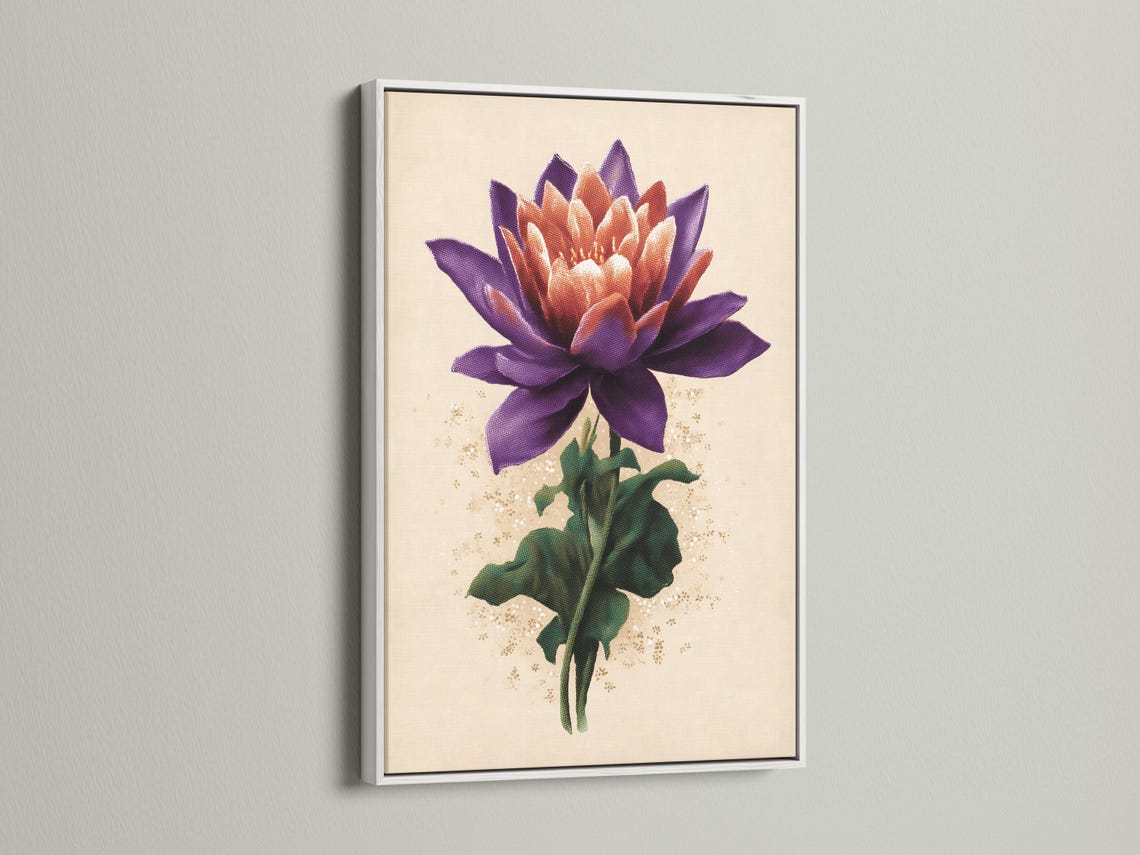 Lotus flower botanical artwork with purple petals, green leaves and gold speckles on a cream background detail view