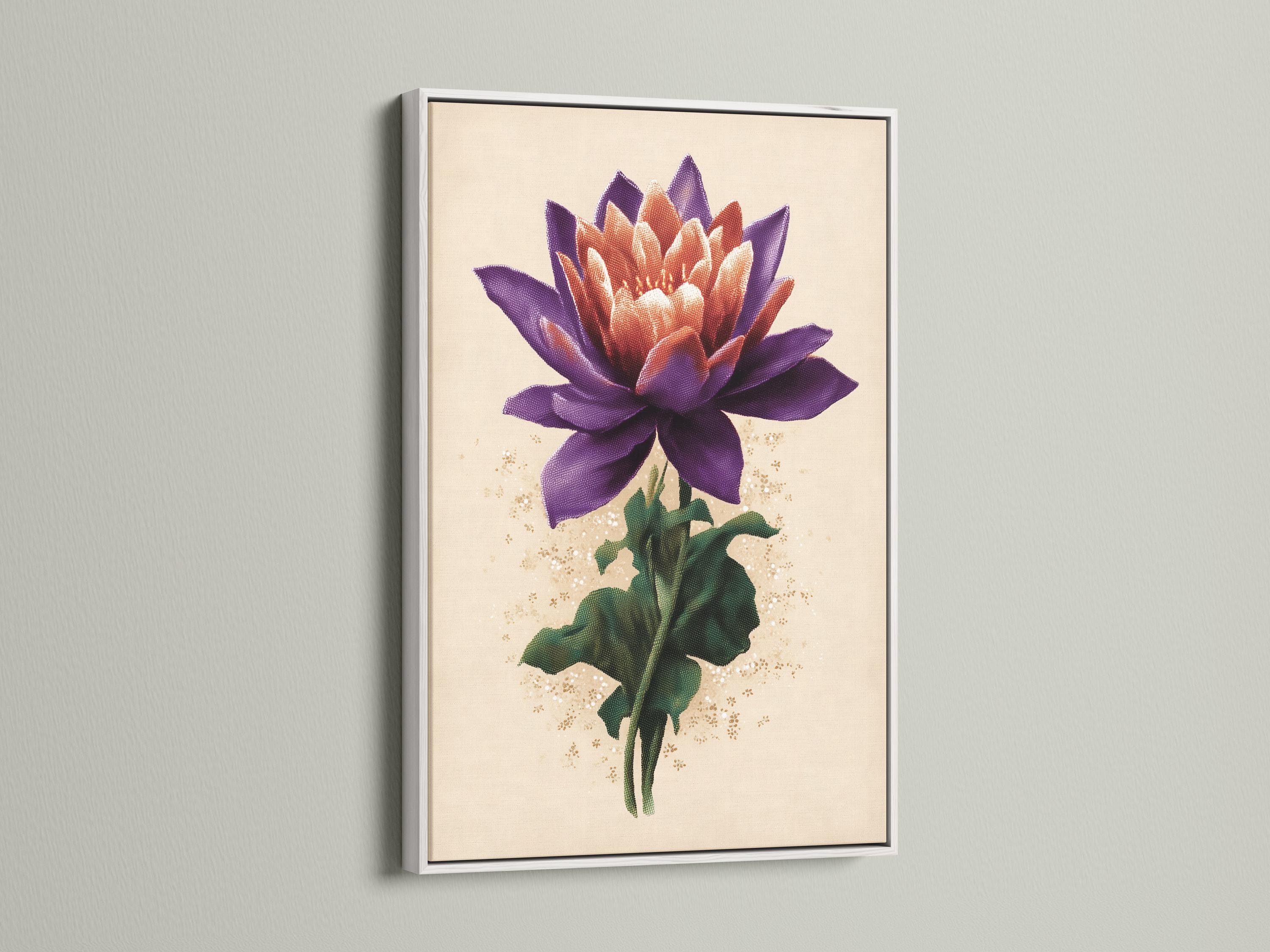 Lotus flower botanical artwork with purple petals, green leaves and gold speckles on a cream background detail view