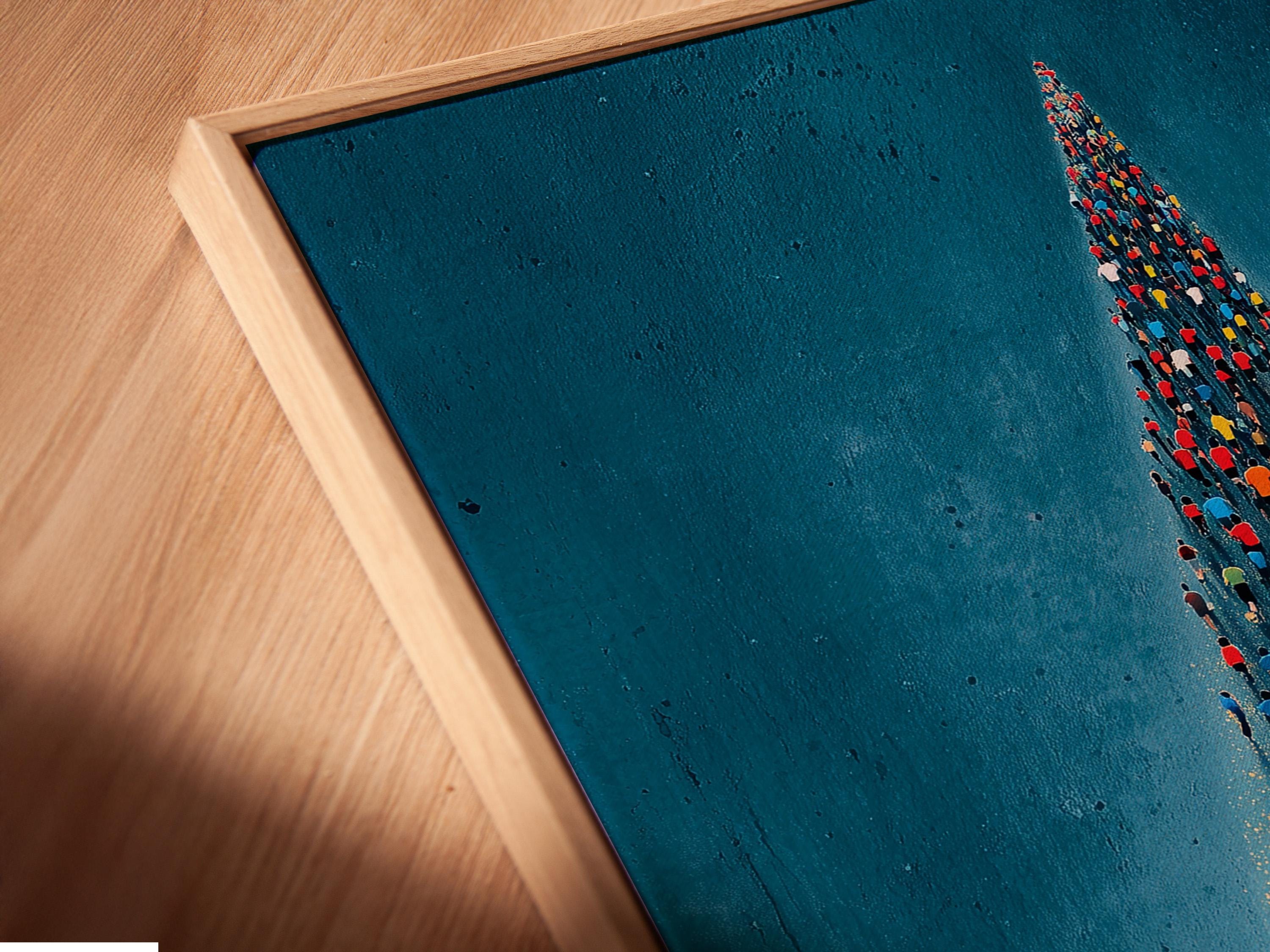 Teal-blue running crowd scene with a lone red-shirt runner and gold speckled path detail view