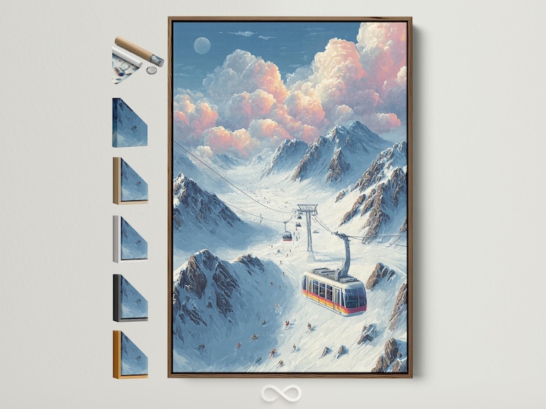 Snowy alpine ski scene with a cable car gondola and skiers on mountain slopes