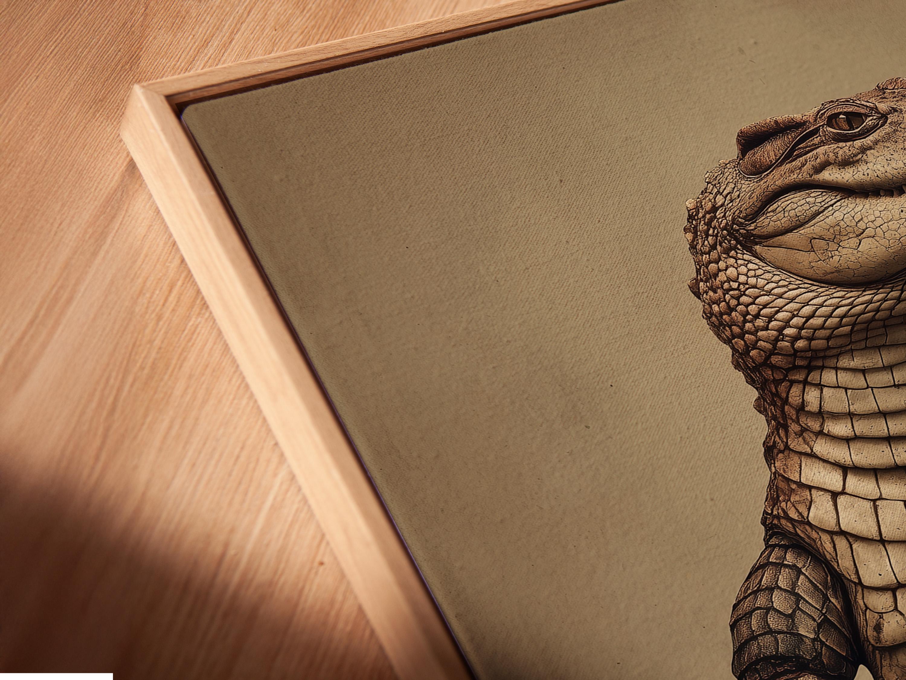Sepia alligator portrait with detailed scales against a warm background detail view