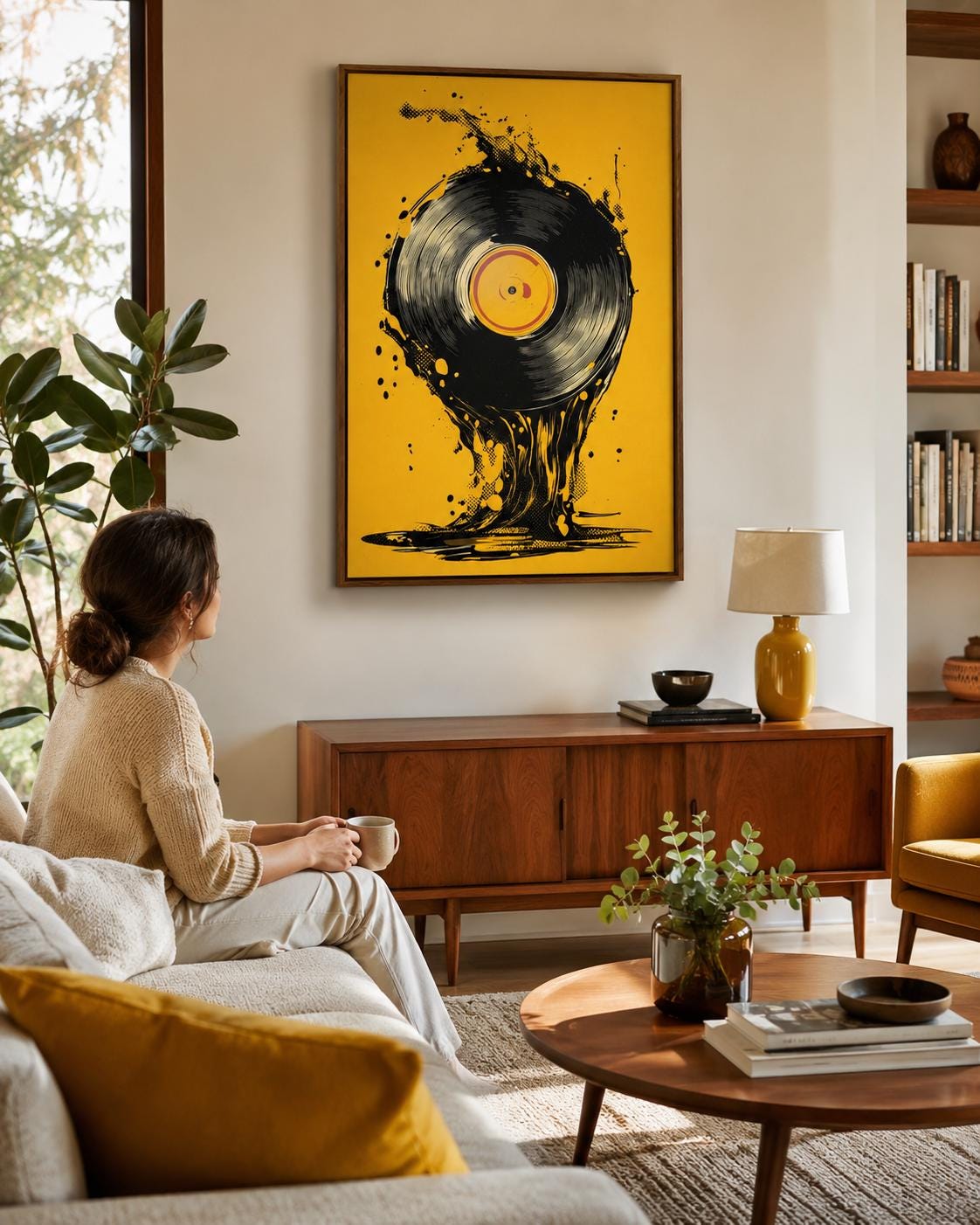 A man wearing headphones beside a music setup with a vinyl record artwork on a wall