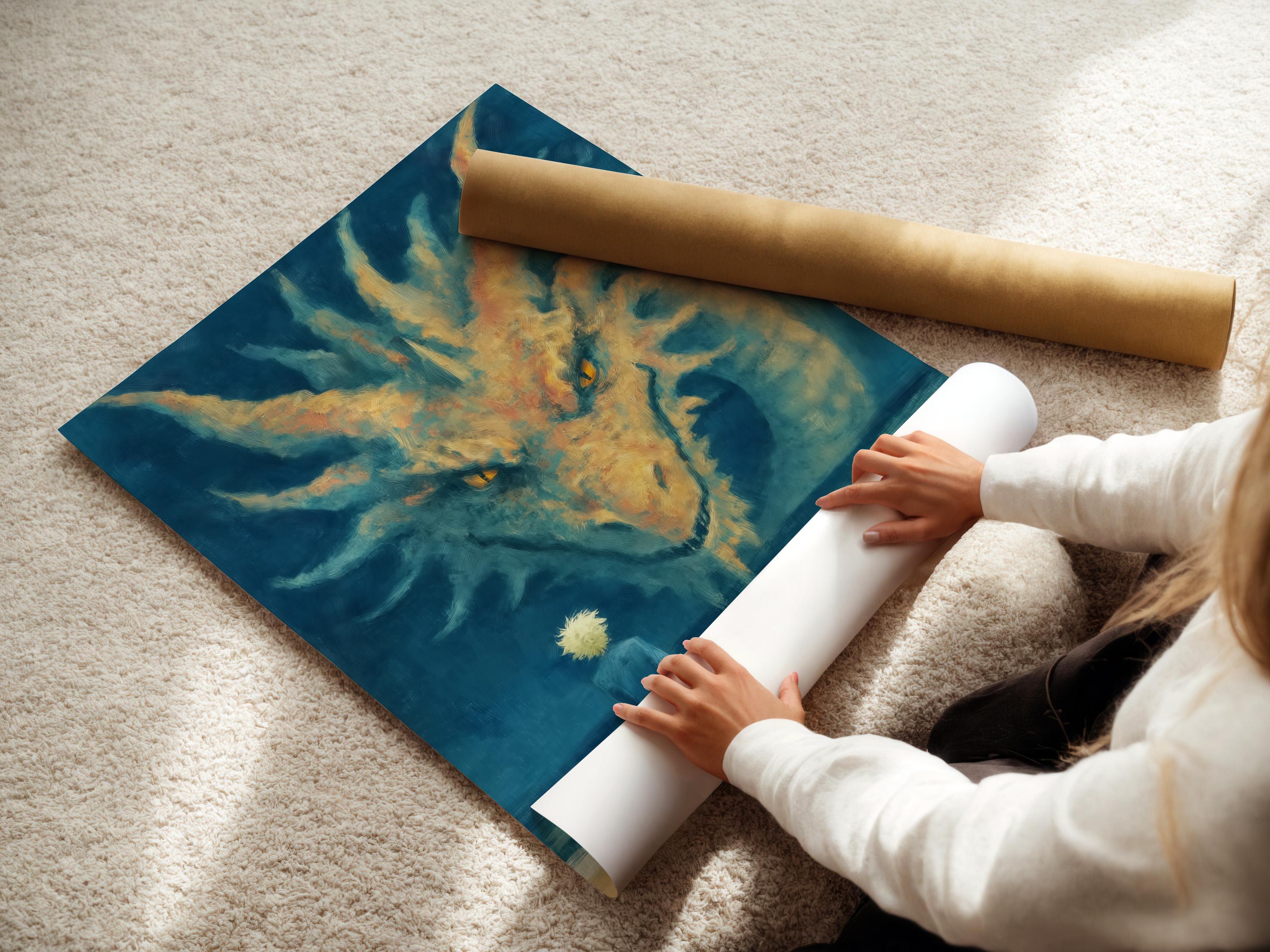 Blue dragon-like creature with glowing yellow eyes over a sandy beach ocean scene detail view