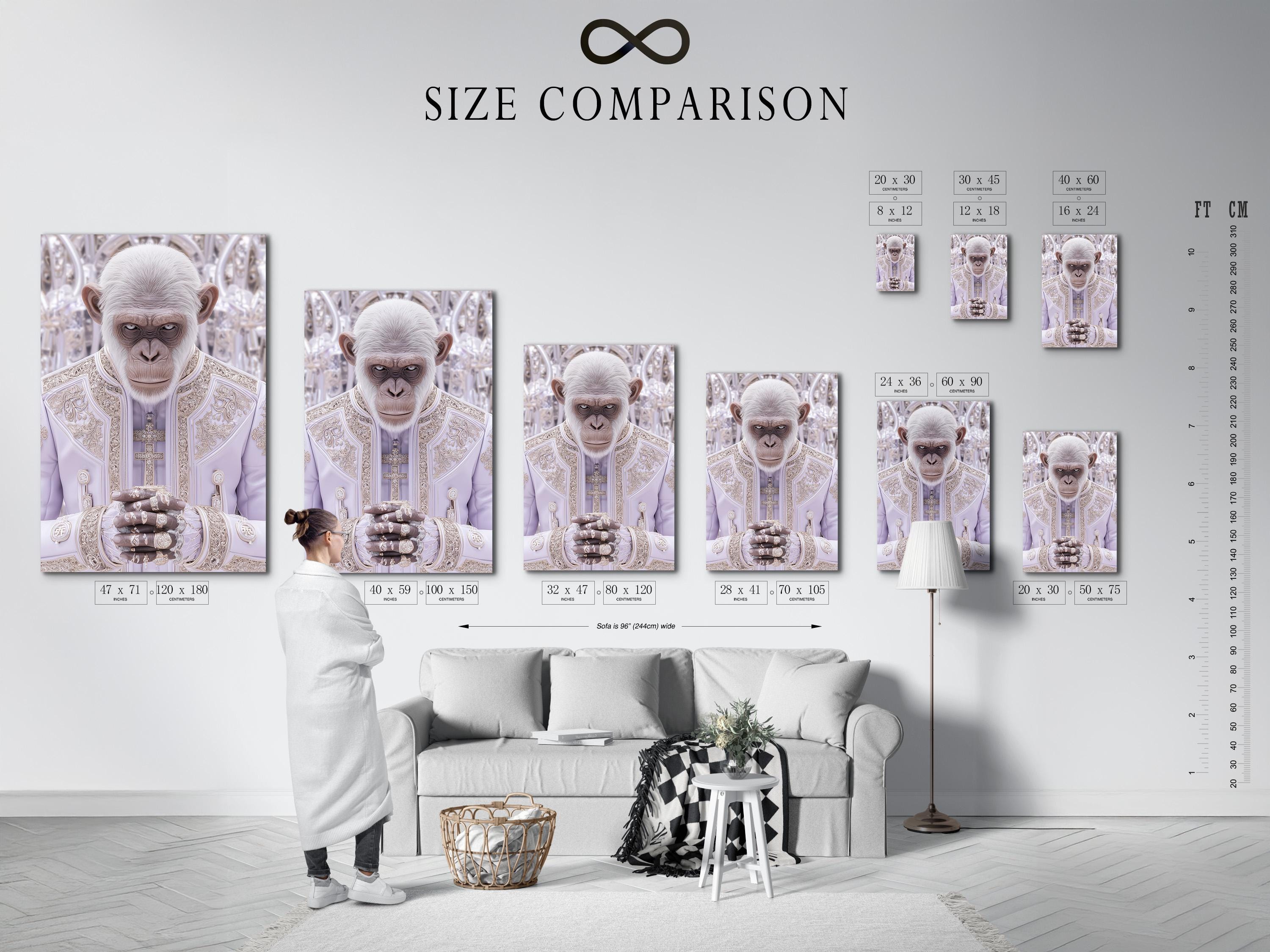 Surreal white monkey-like figure in ornate pale robes with cross motif in a soft lilac background detail view