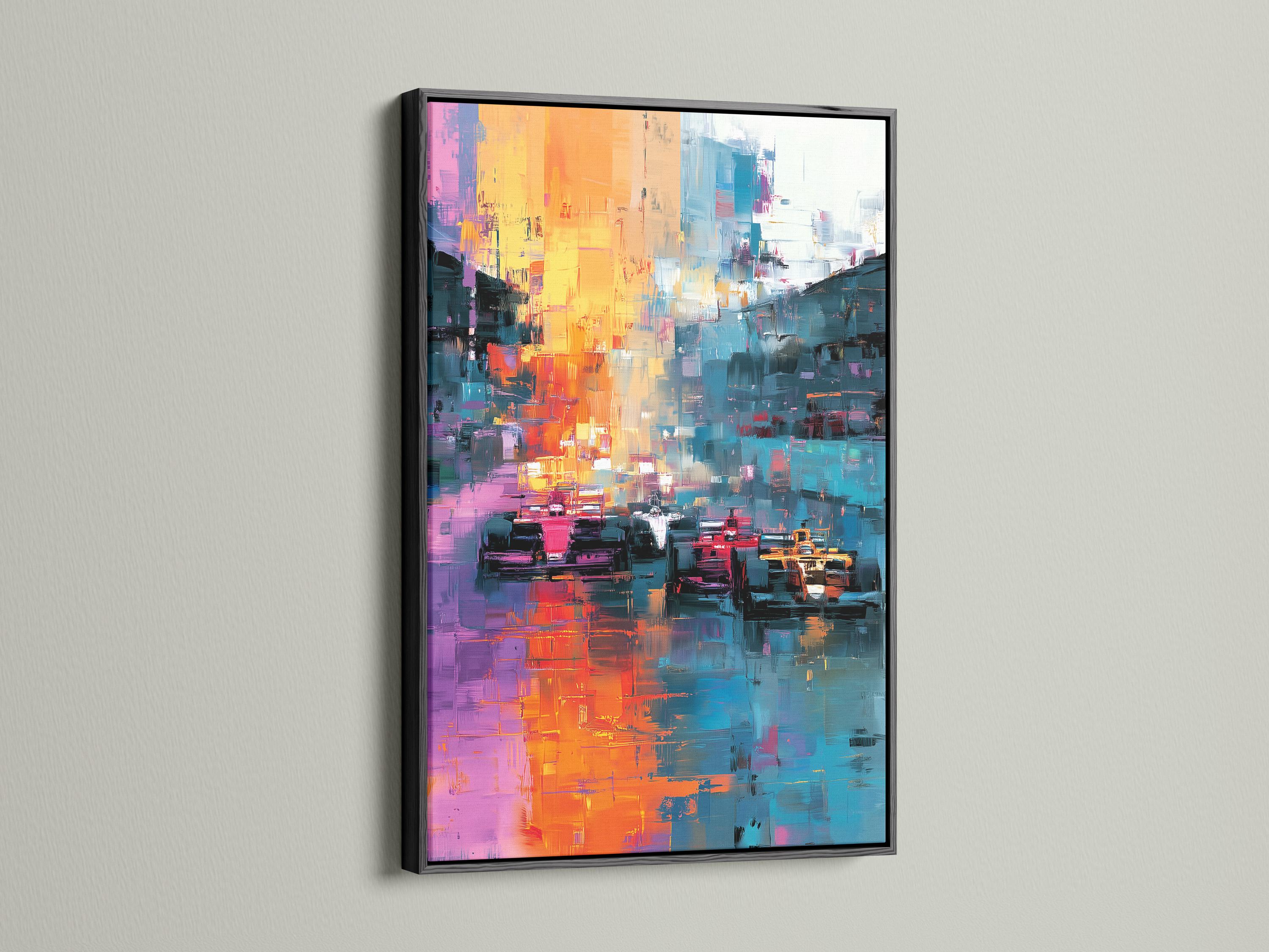 Room mockup with a large framed abstract cityscape artwork above a seating area