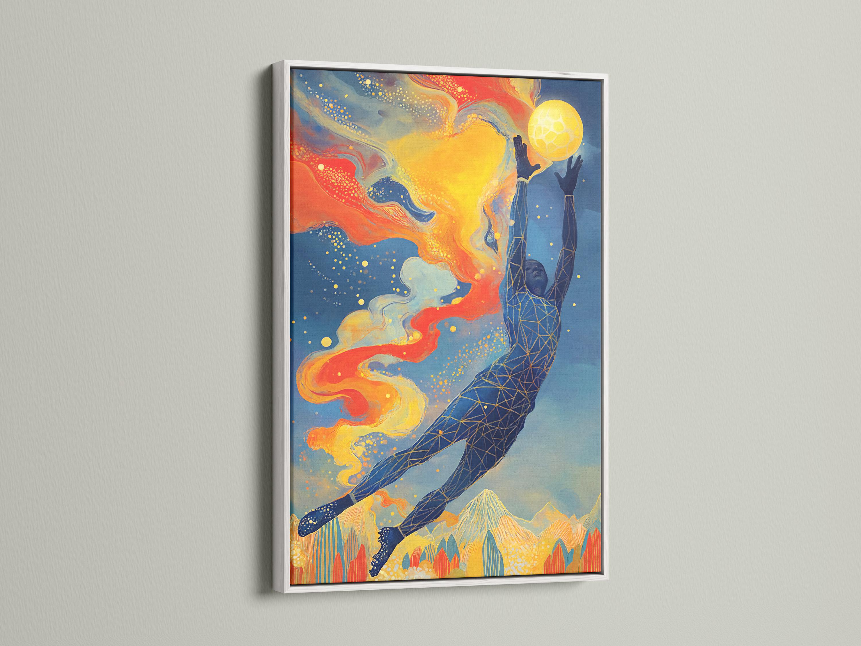 Abstract sports figure reaching upward beside a glowing yellow sun, in blue, orange and gold with speckled dots detail view