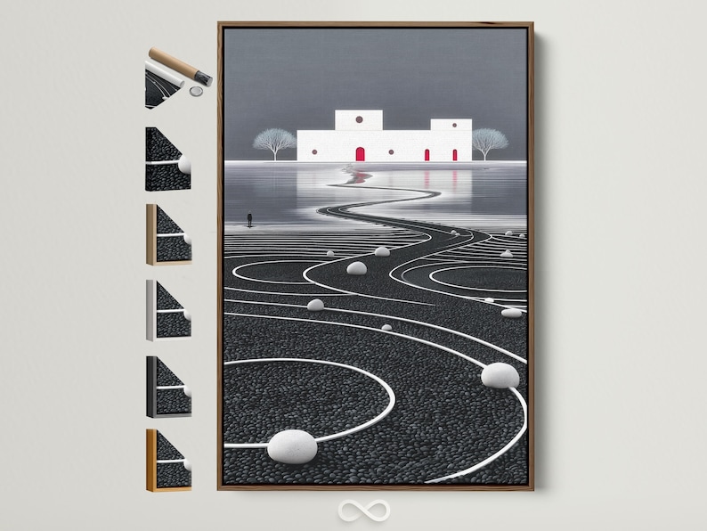 Minimalist zen landscape with a winding curved path across textured ground, grey sky, trees and red door accents