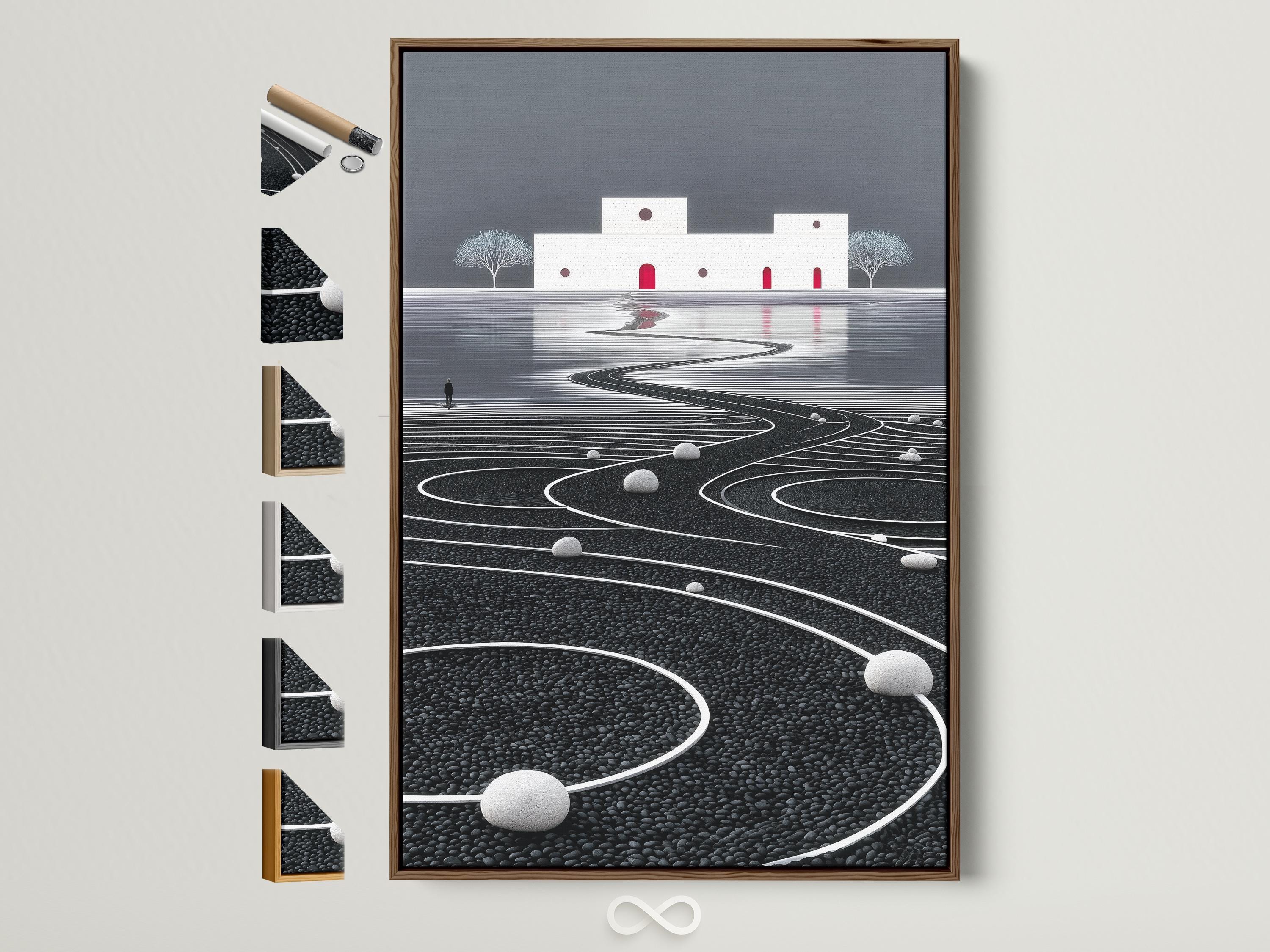 Minimalist zen landscape with a winding curved path across textured ground, grey sky, trees and red door accents