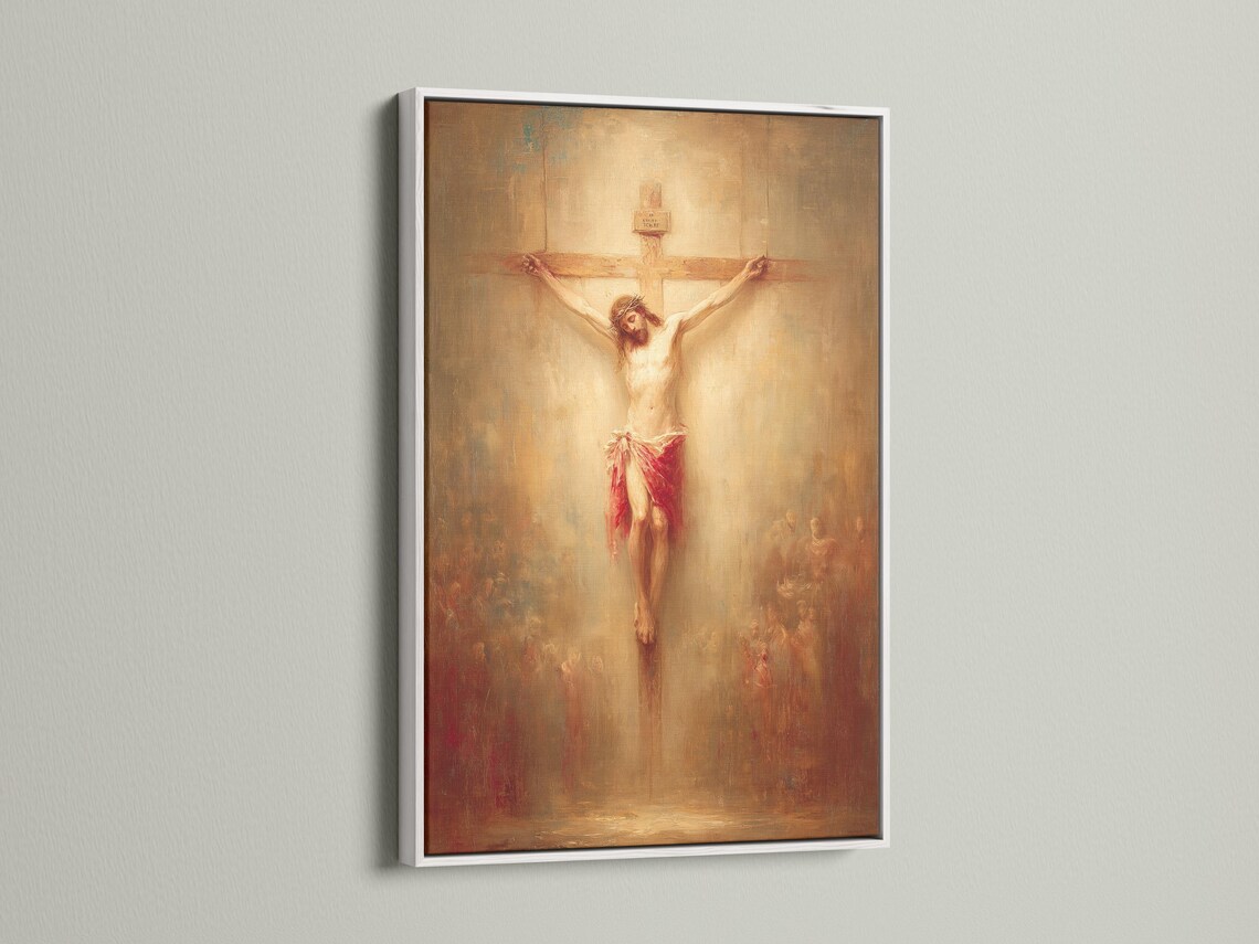 Crucifixion scene painting showing a human figure on a cross with warm beige, gold and red tones detail view