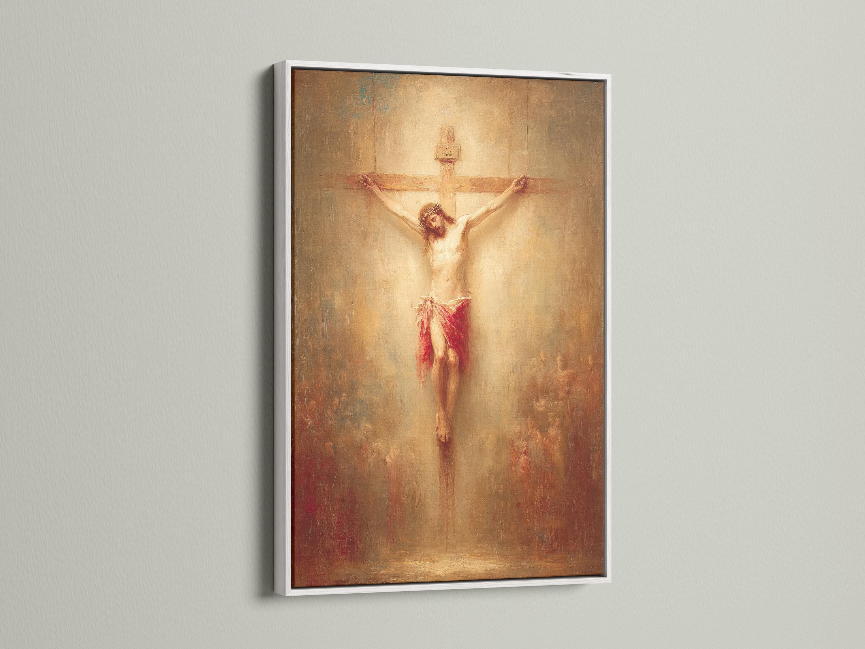 Crucifixion scene painting showing a human figure on a cross with warm beige, gold and red tones detail view