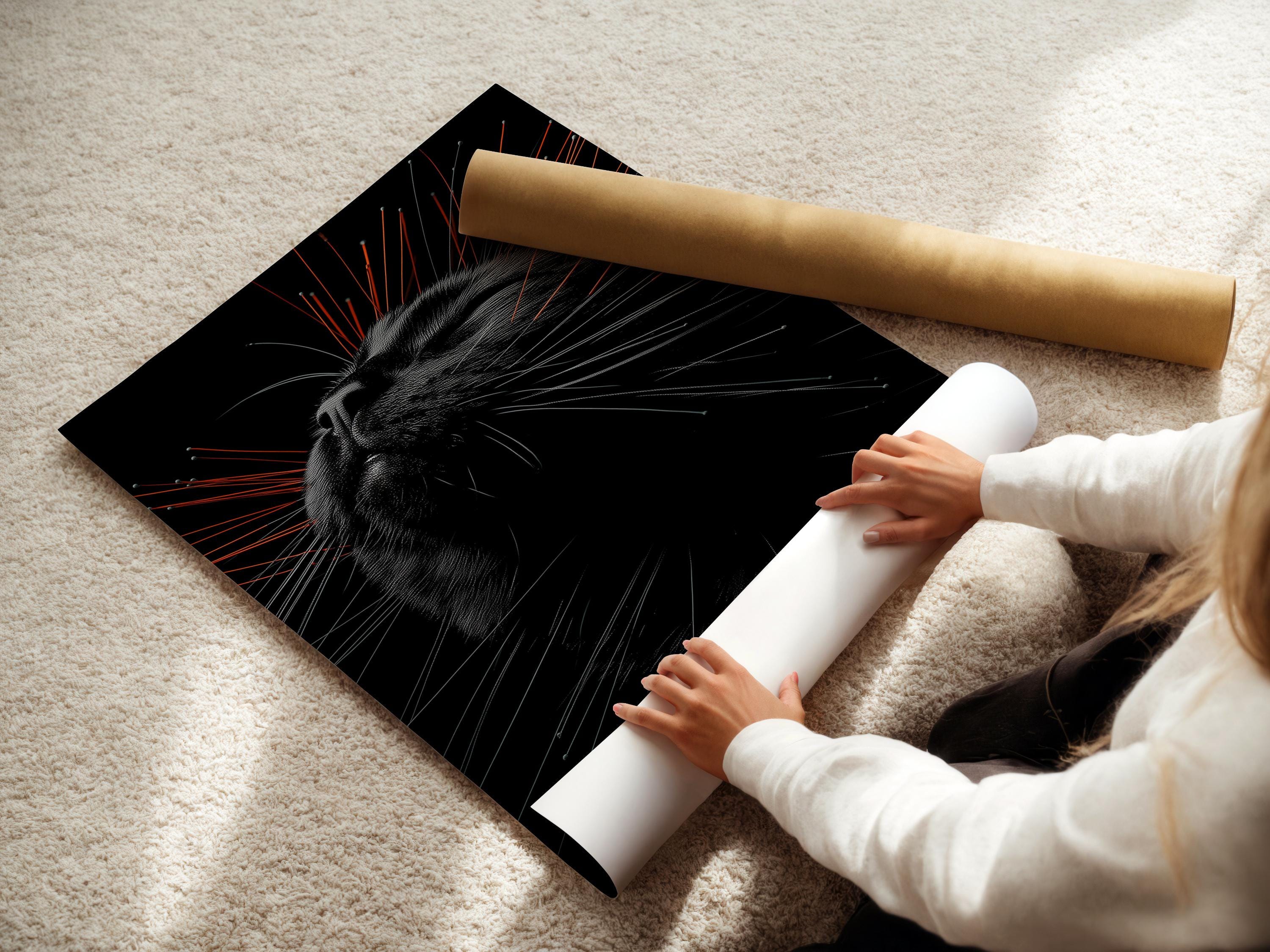 Stylised black cat portrait with radiating grey lines and orange streak accents detail view