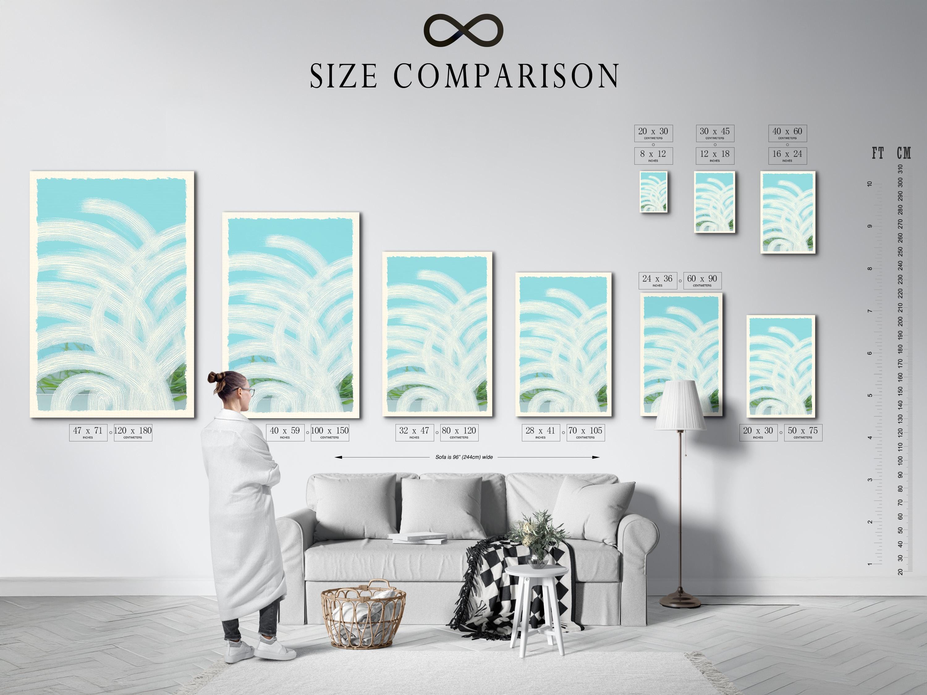 Sky blue abstract arches with dotted curved lines and layered white highlights detail view