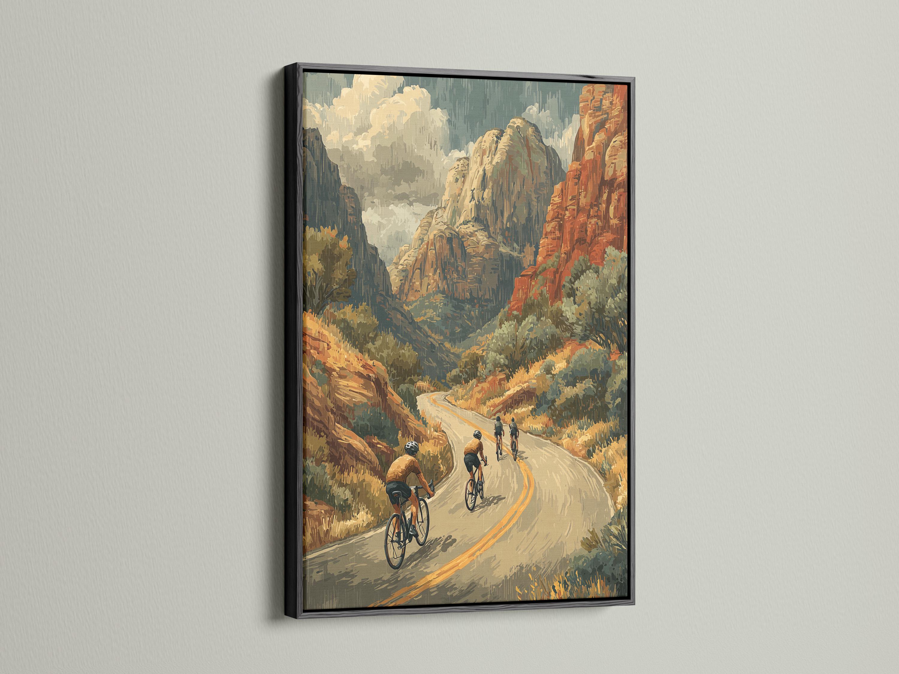 Retro mountain cycling scene with cyclists riding along a winding road through rocky cliffs detail view