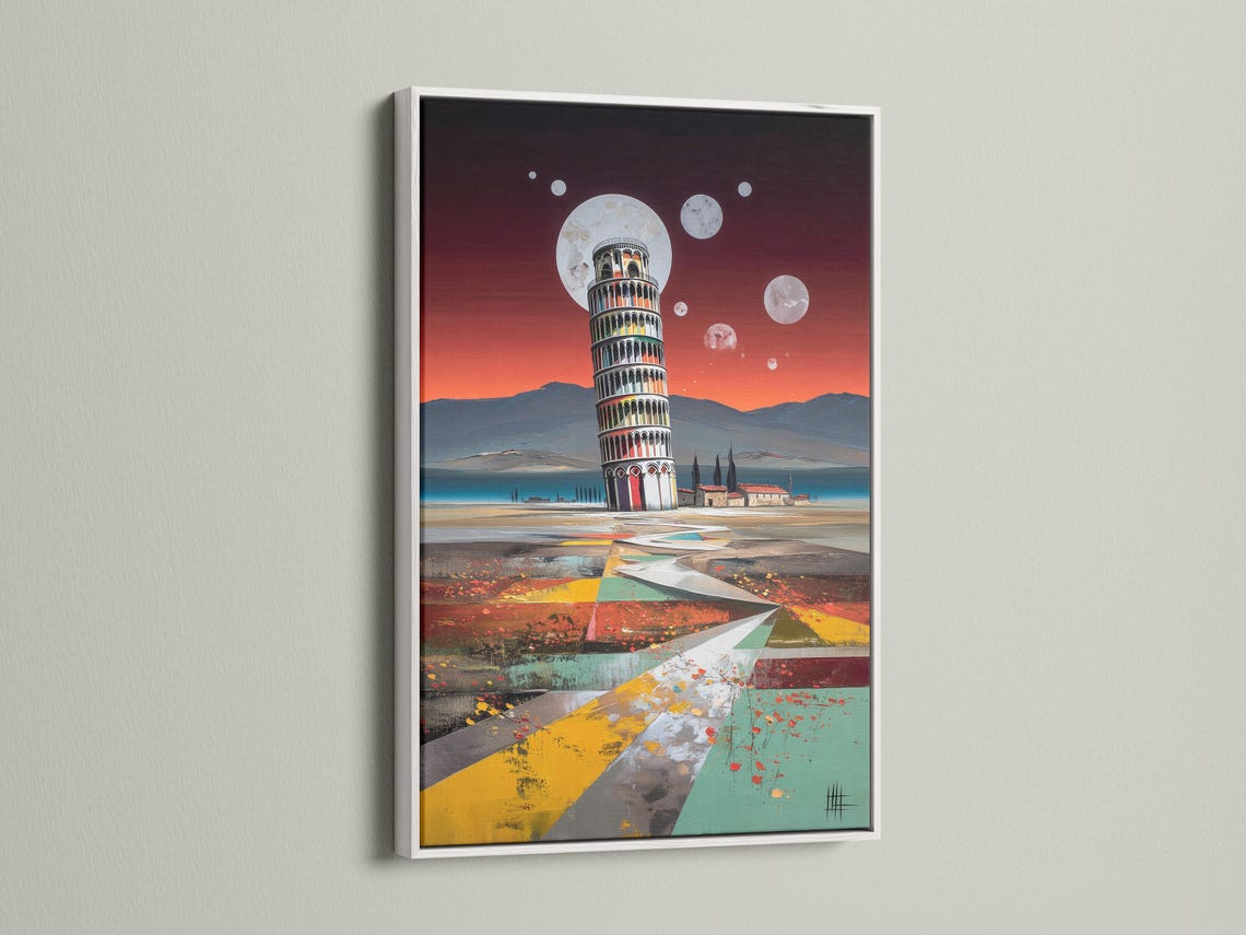 Leaning tower under a moonlit sunset sky with geometric shapes in the foreground detail view