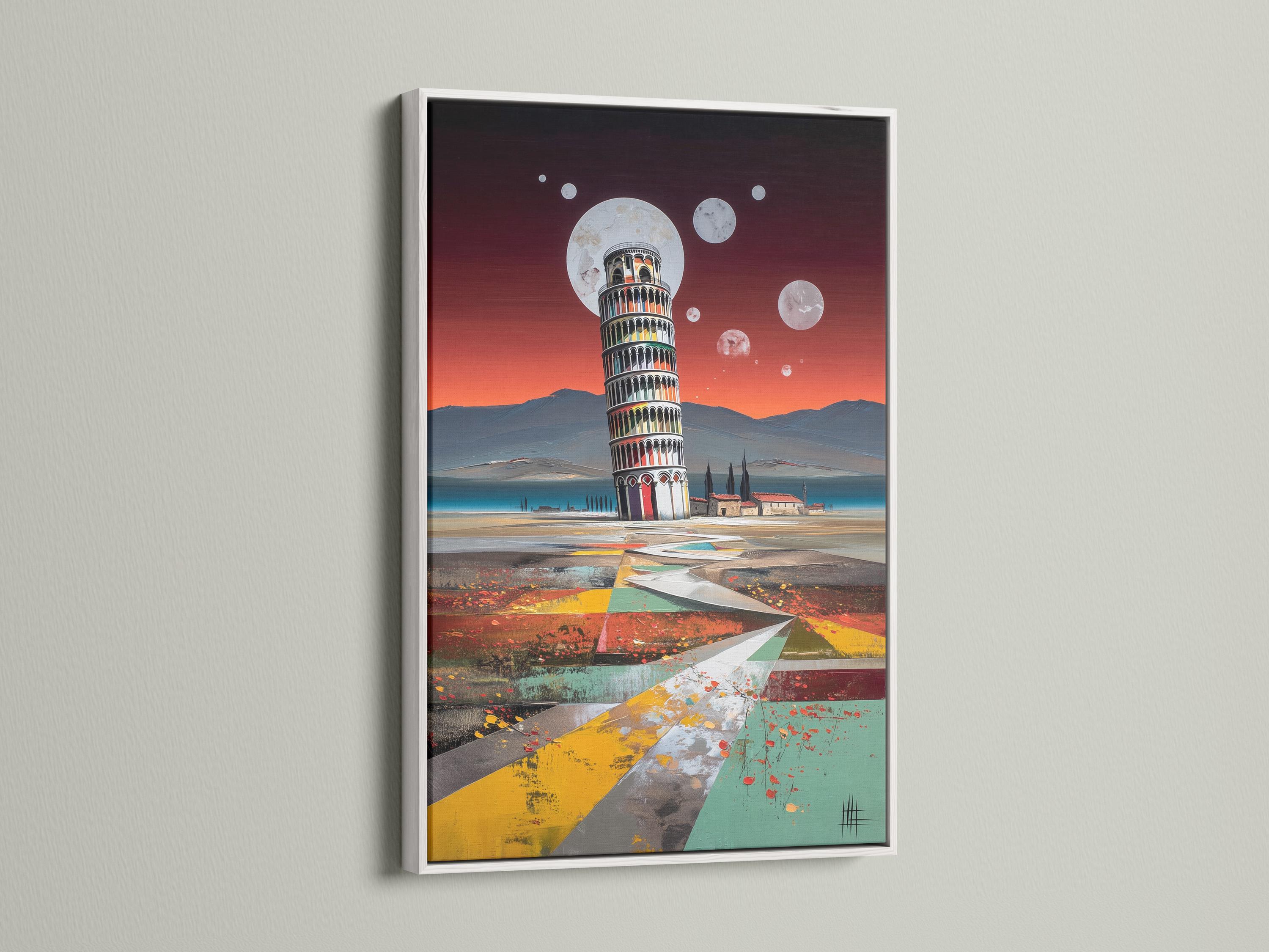 Leaning tower under a moonlit sunset sky with geometric shapes in the foreground detail view