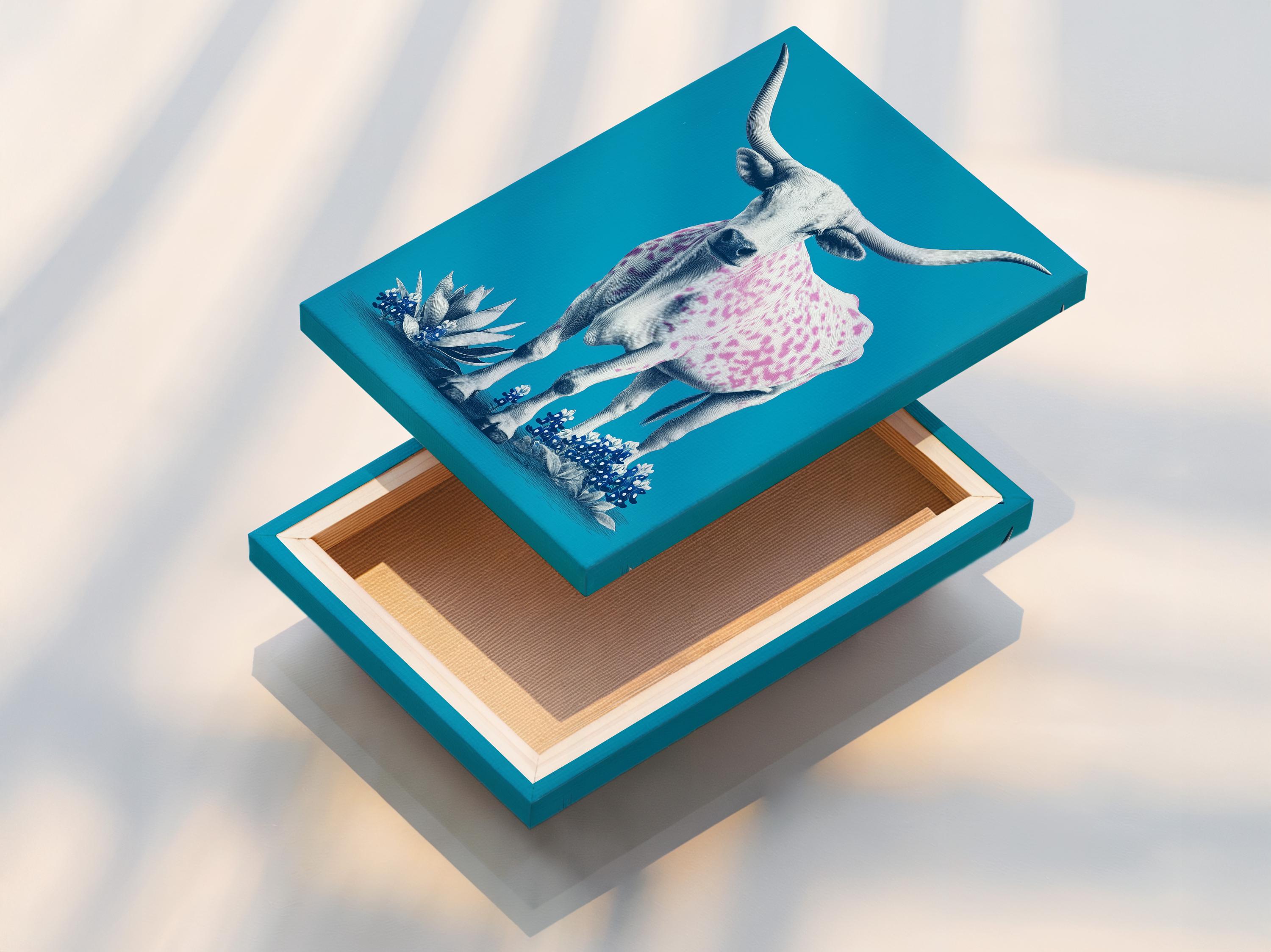 Illustration of a white longhorn cow with pink spots and blue flowers on a turquoise background detail view