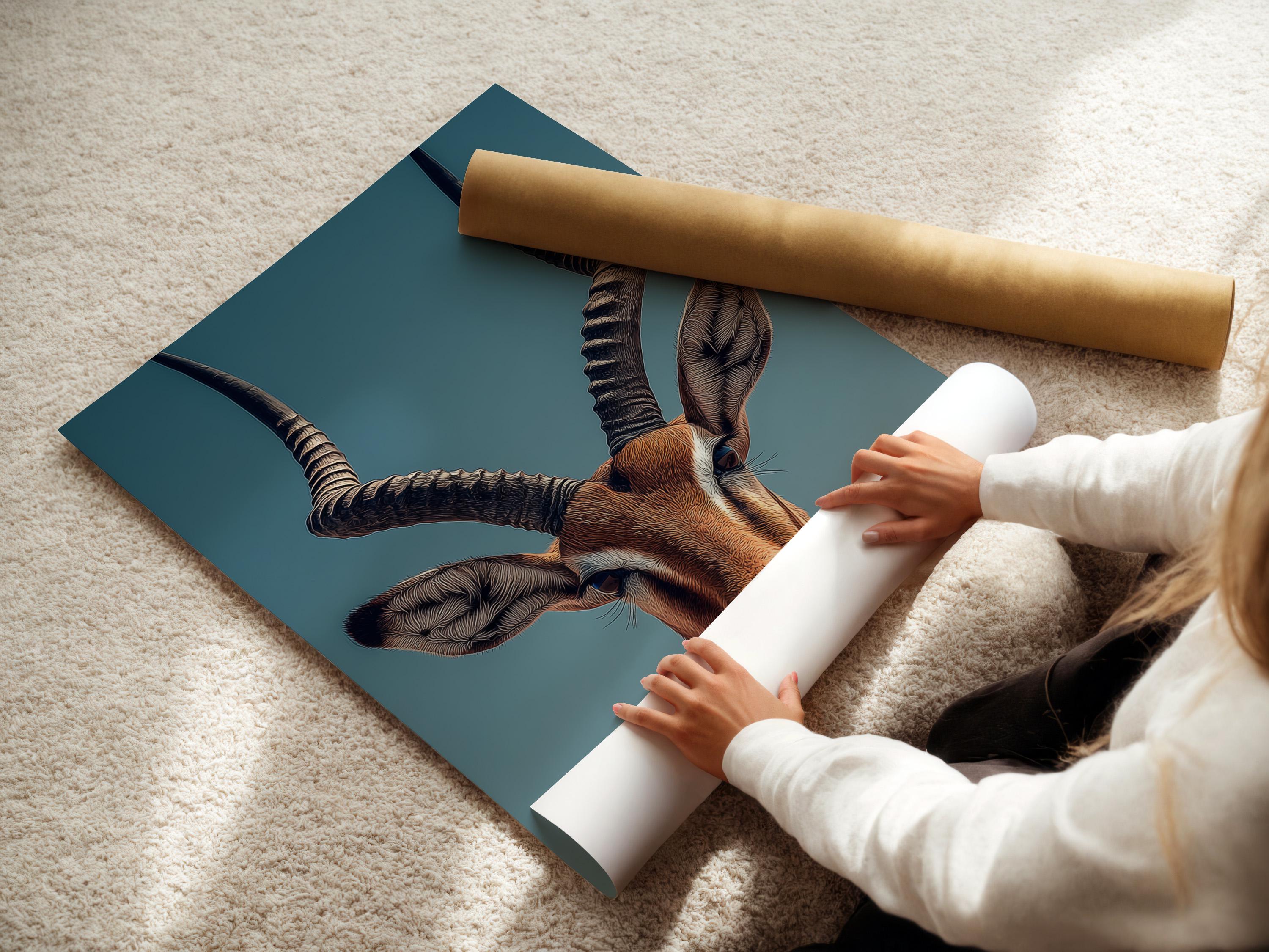 Antelope portrait illustration with long curved horns on a teal background detail view