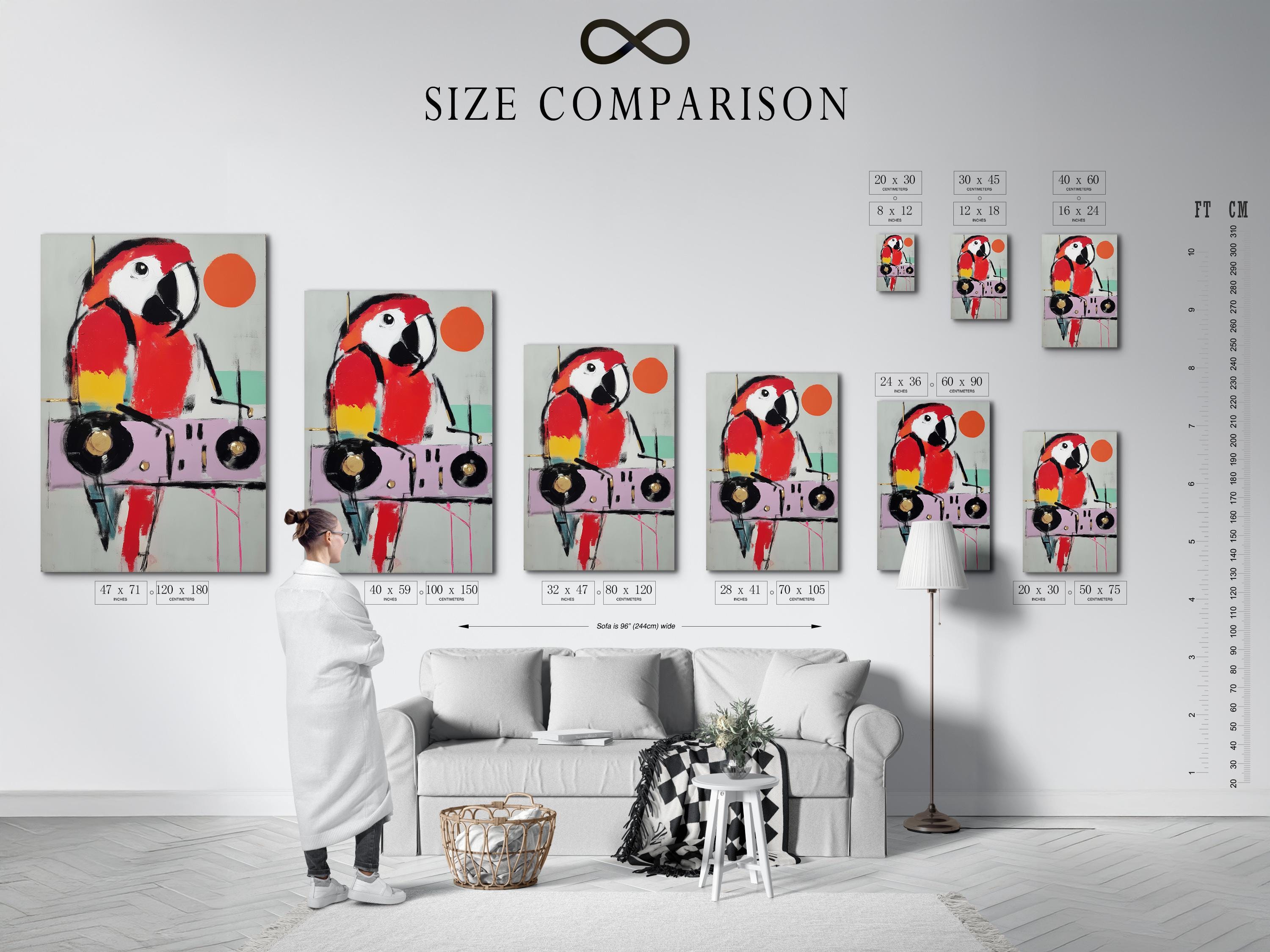 Stylised parrot bird portrait in red and black with a large orange circle accent detail view